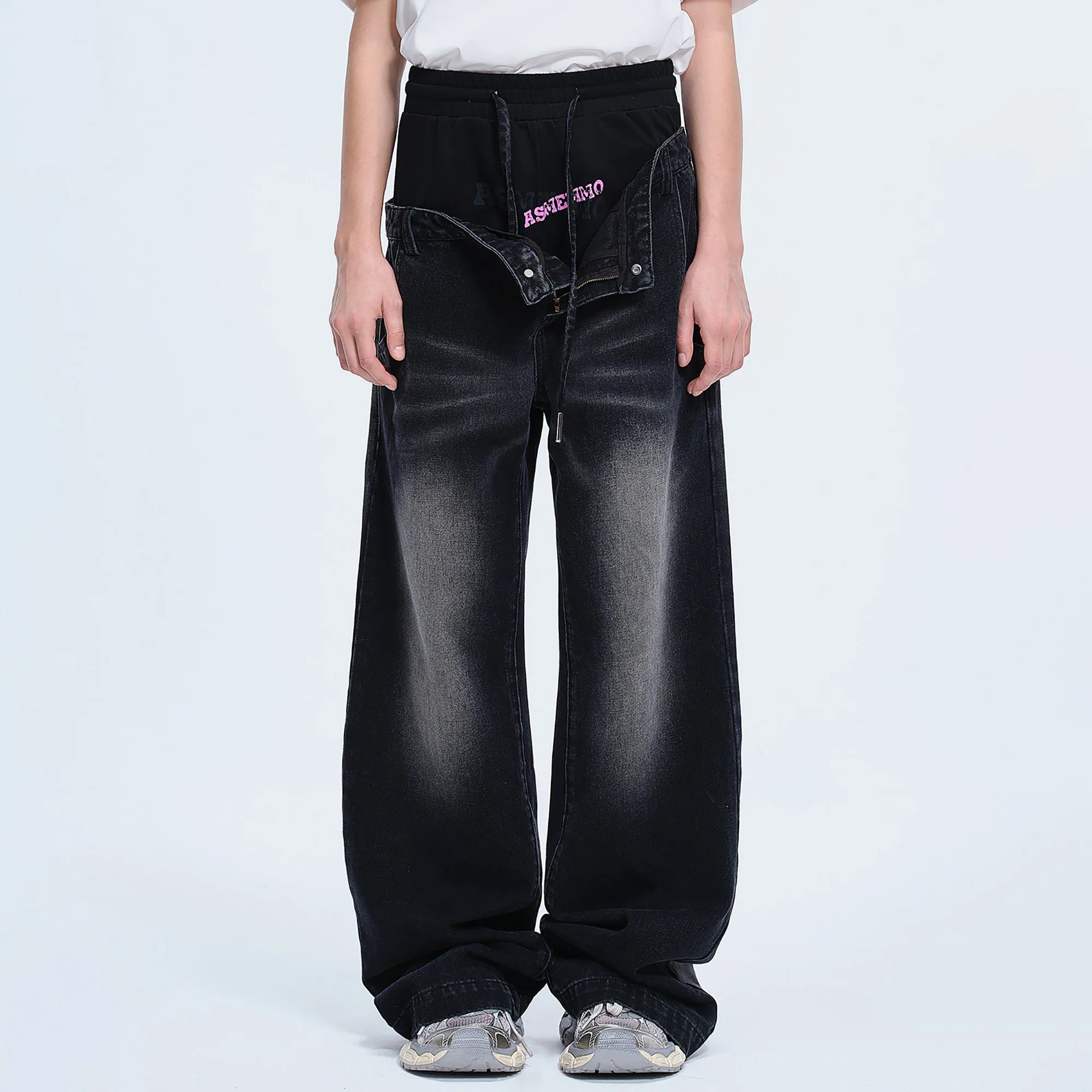 TIWILLTANG Layered Sweatband Washed Denim Pants