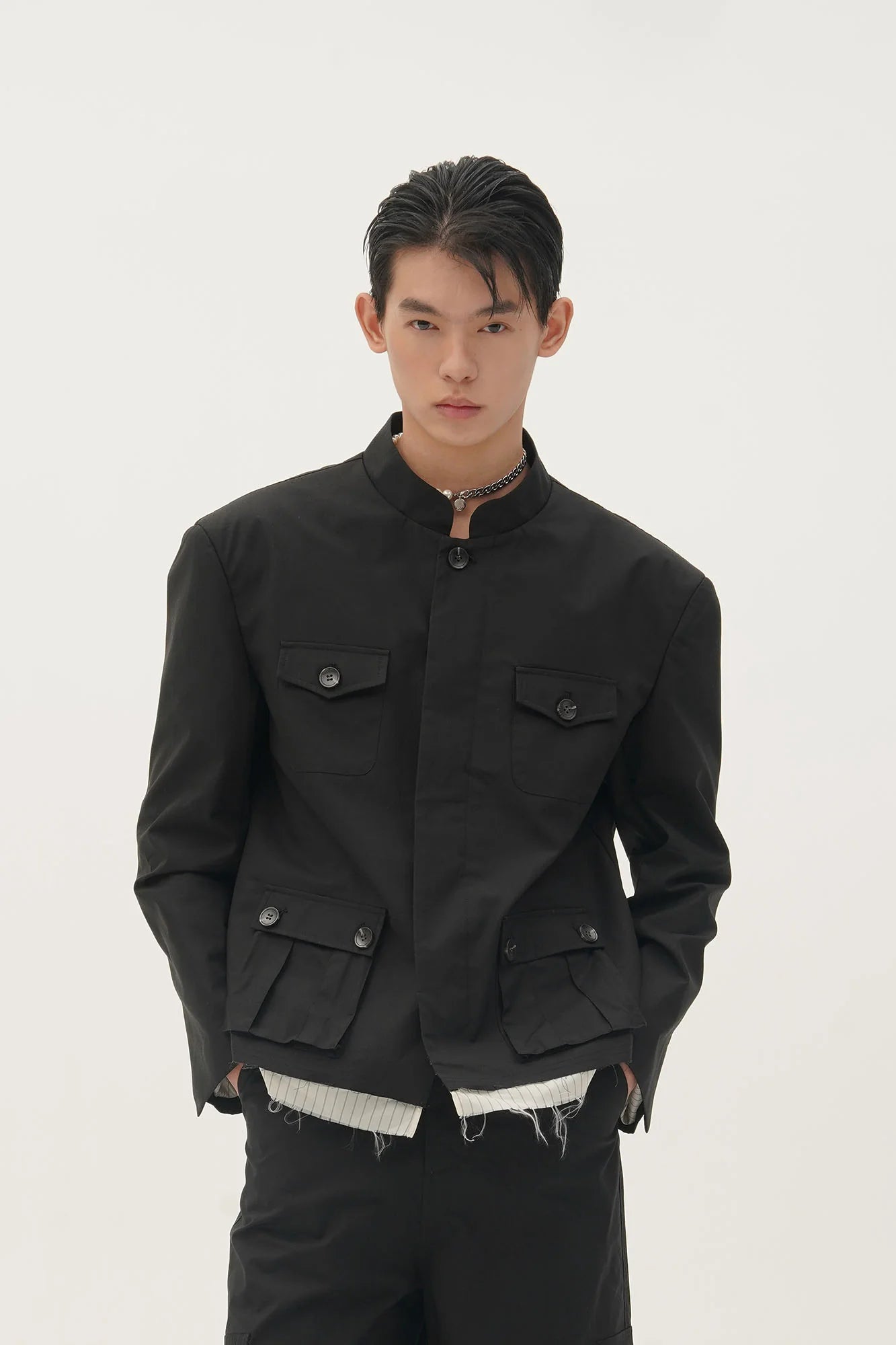 ORAL UTOPIA Faux Layered Hem Mandarin Collar Jacket
