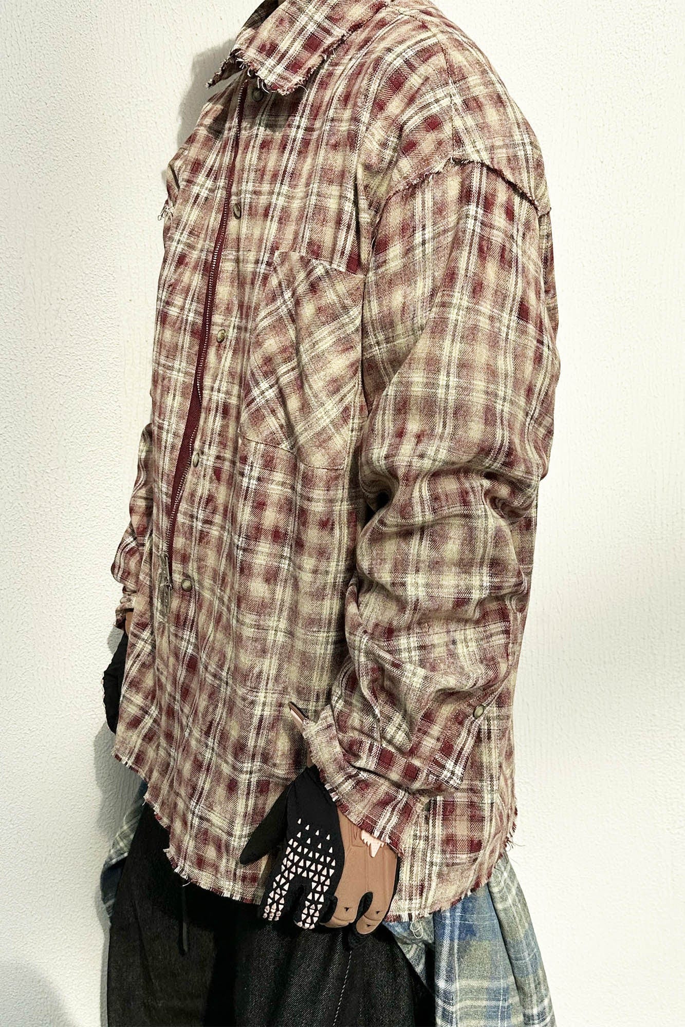 RELABEL Tie-dye Plaid Dual Closure Frayed Shirt