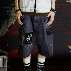 VENTUREK Washed Patch Studded Raw-Edge Shorts