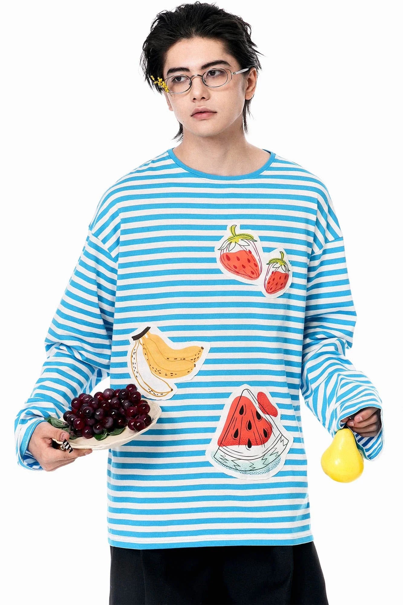 OIPWORD Snack Patchwork Striped Long-Sleeve Tee