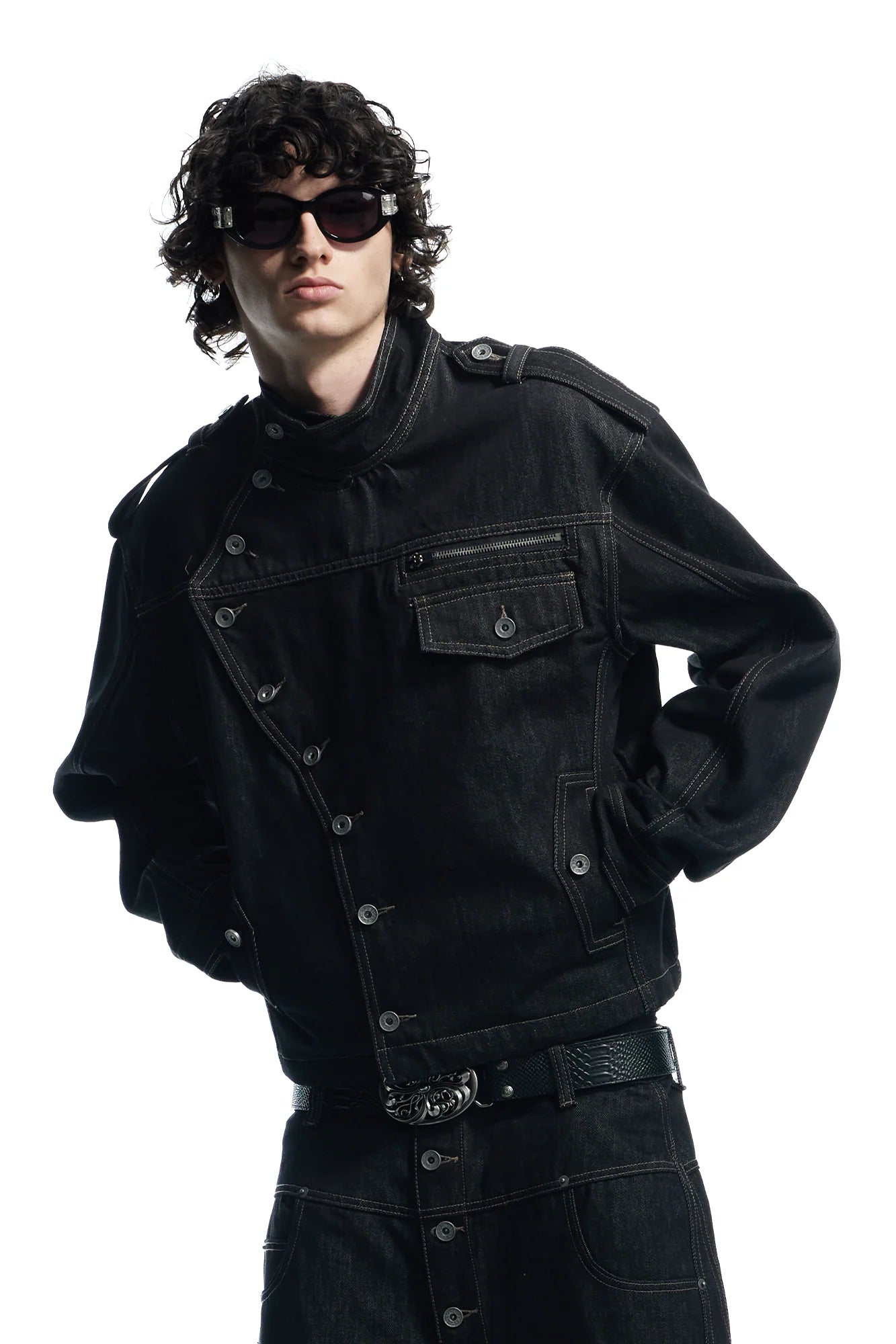 DND4DES Asymmetric Button Stand Collar Raw Denim Jacket