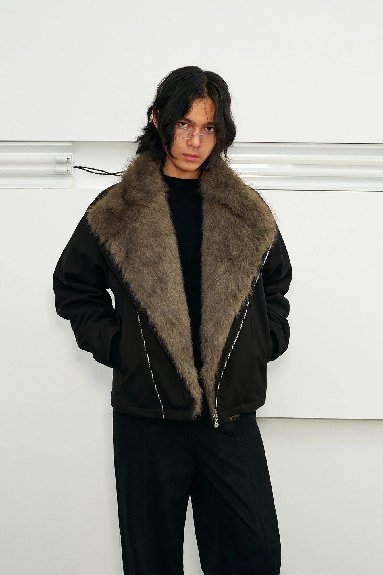 KREATE Detachable Faux Fur Collar Asymmetrical Jacket