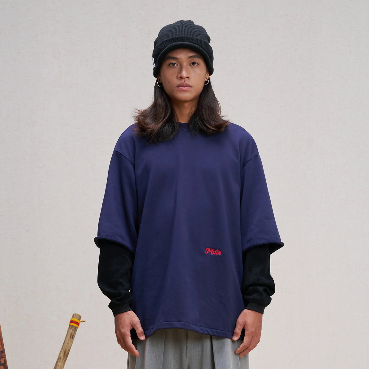 UNLIMITED MOTE Waffle Sleeve Layered Drawstring Hem Sweatshirt