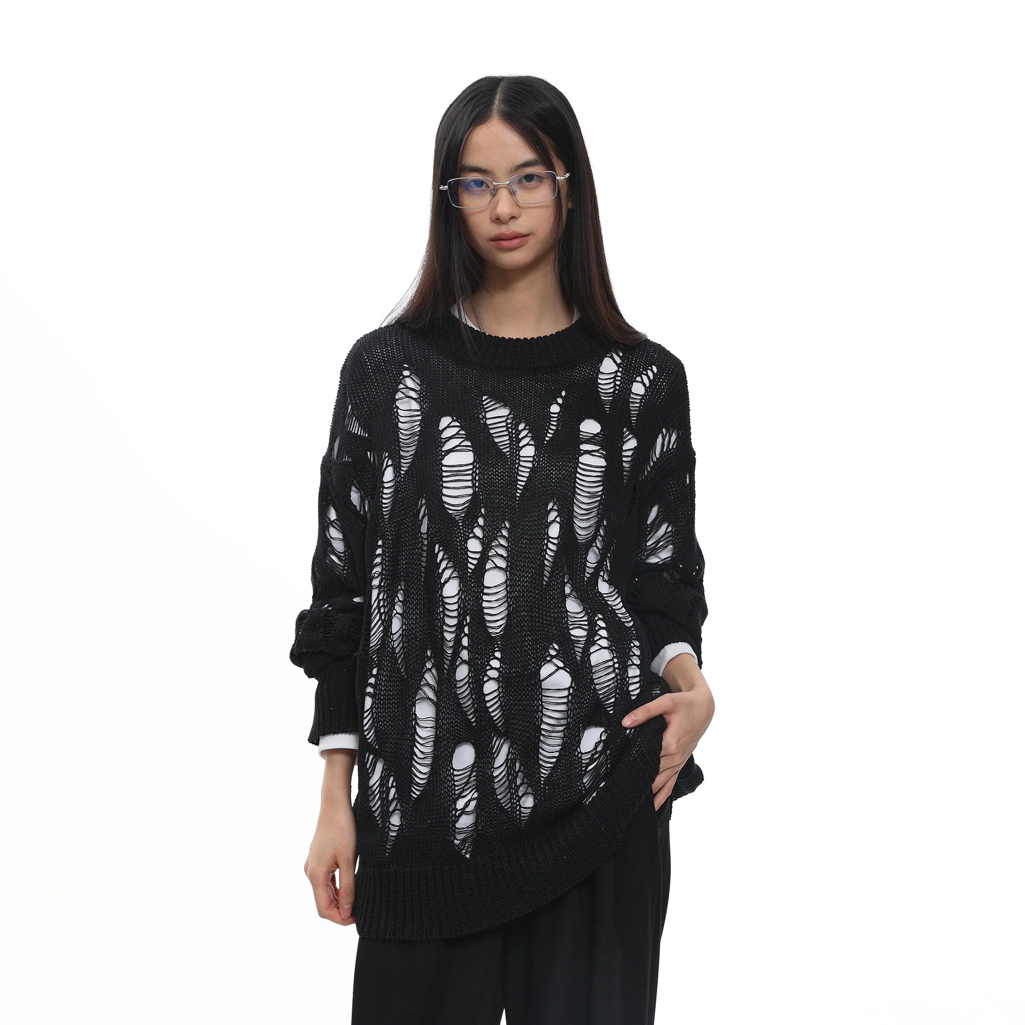 ROARINGWILD A ARCH Distressed Hollowed-Knit Sweater