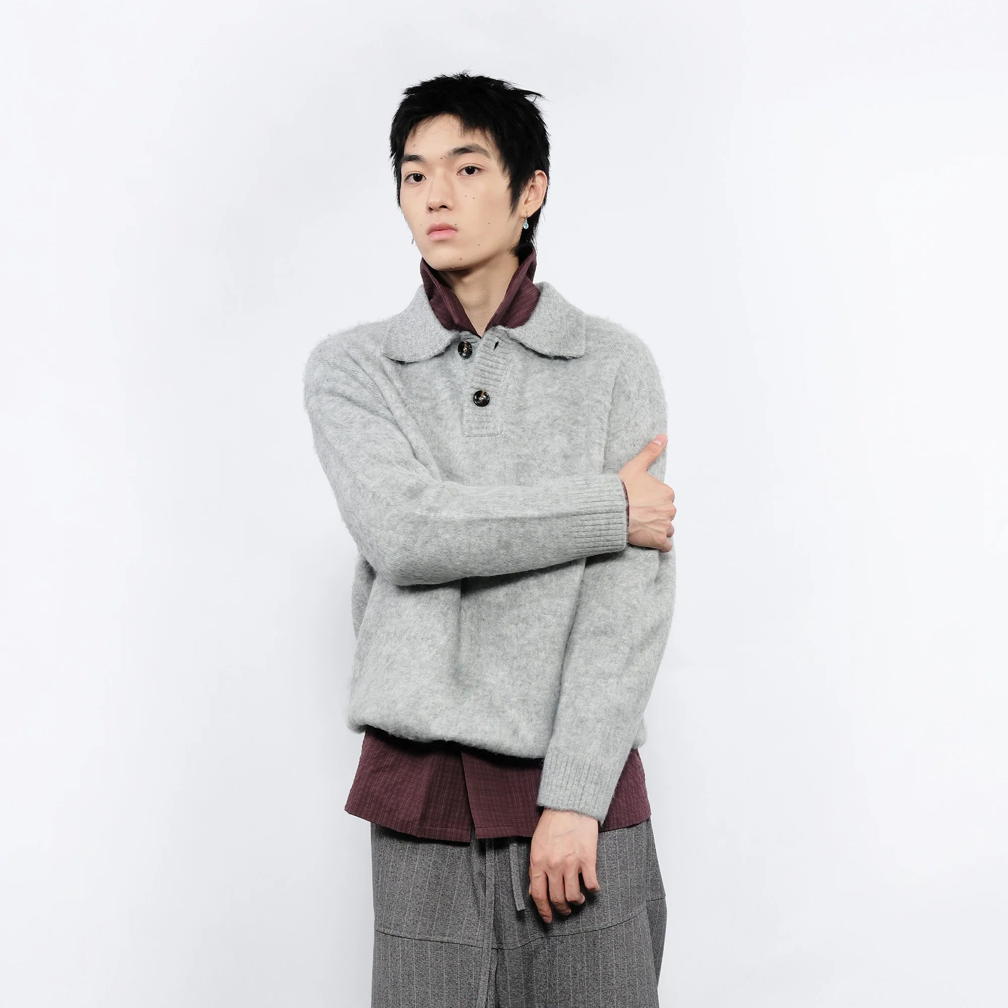 7440 37 1 Fluffy Half-Button Polo Sweater