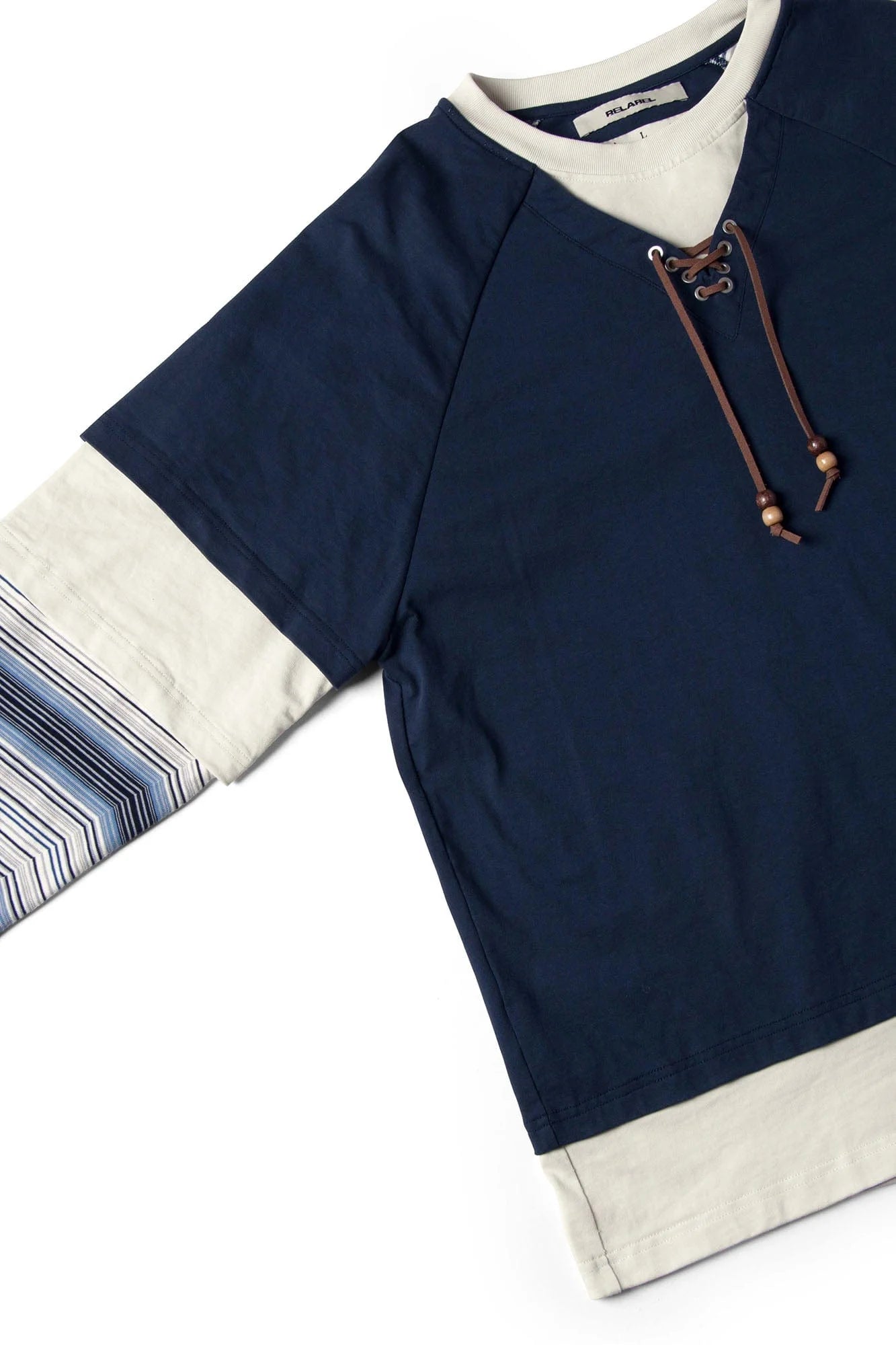 RELABEL Layered Stripe-Sleeve Lace-Up Sweatshirt Blue