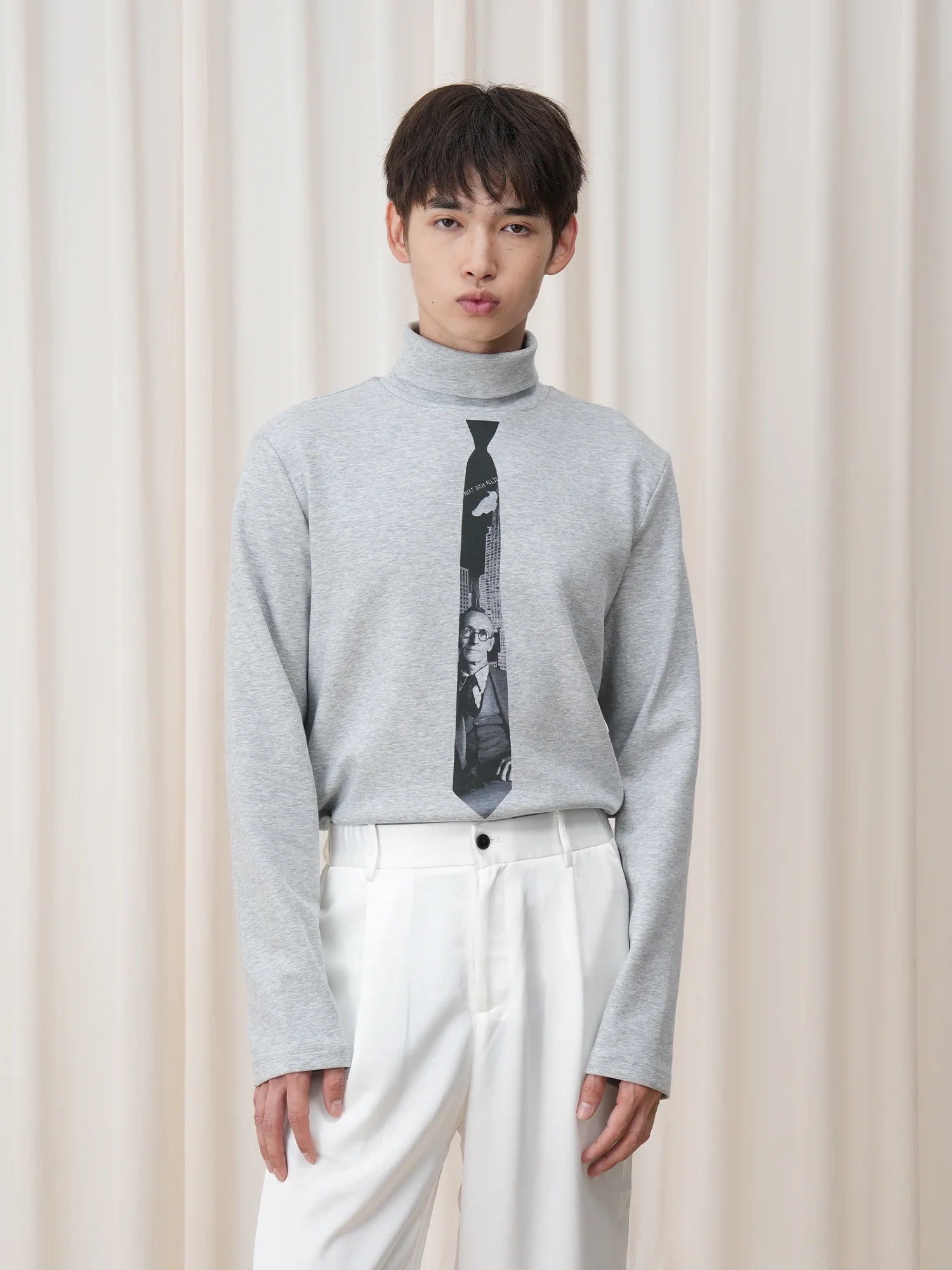 OUYANG WENJUN Tie-Graphic Turtleneck Long-Sleeve Tee