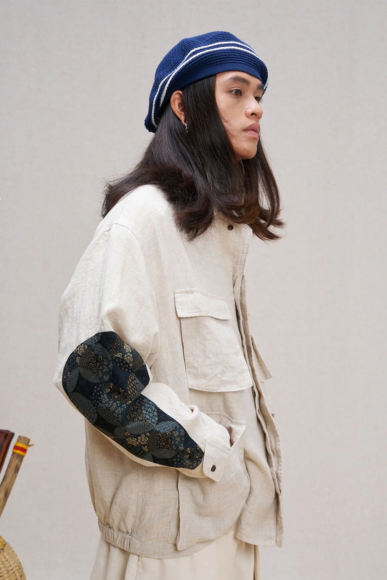 UNLIMITED MOTE Patched Elbow Multi-Pocket Linen Jacket
