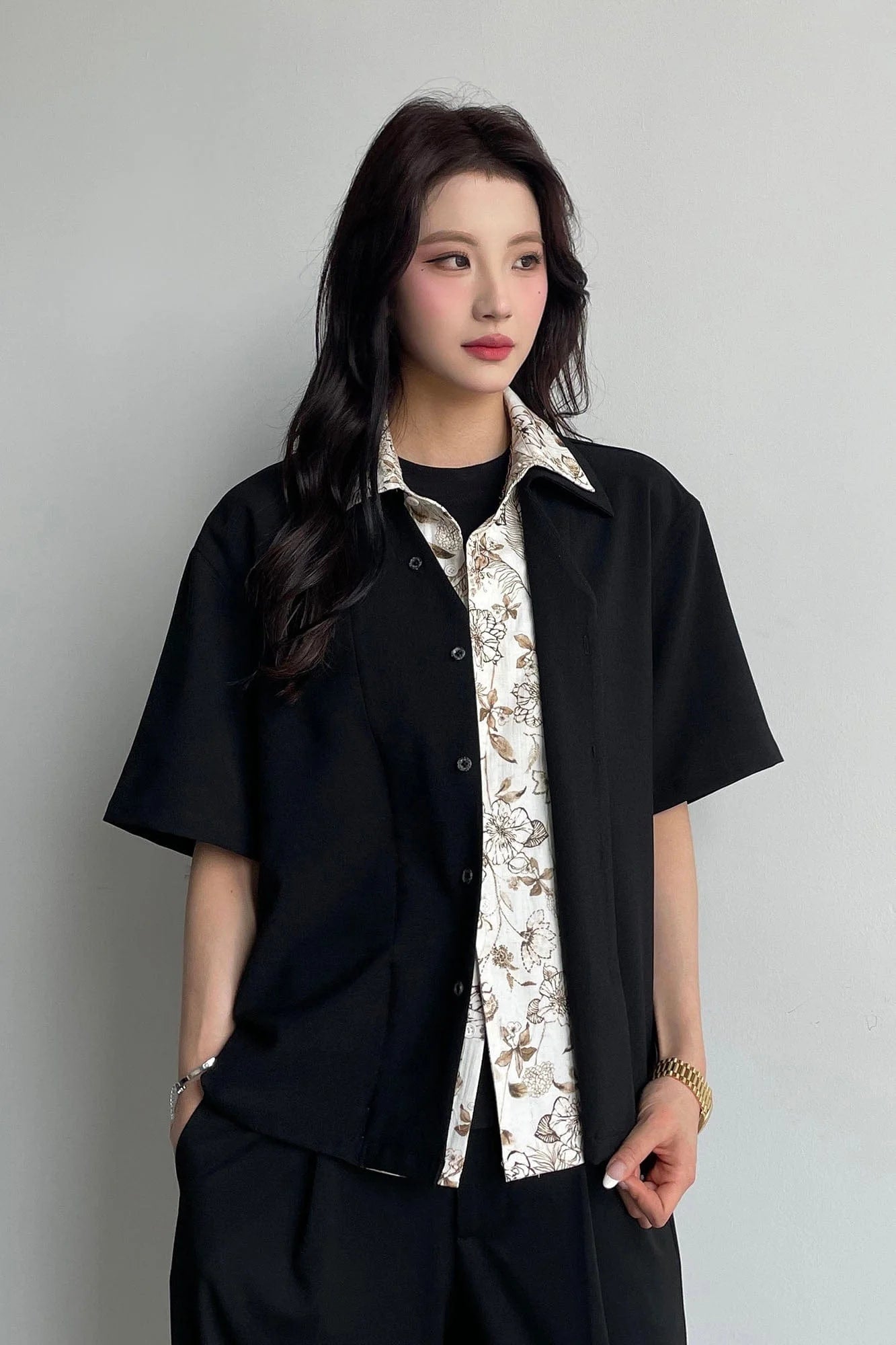 OKAYTHXBYE Double-Layer Floral Half Shirt