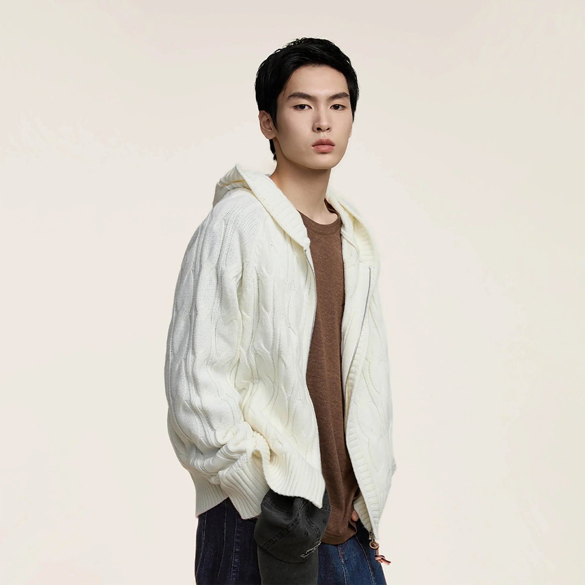 OPICLOTH Cable-Knit Zip-Up Hooded Cardigan