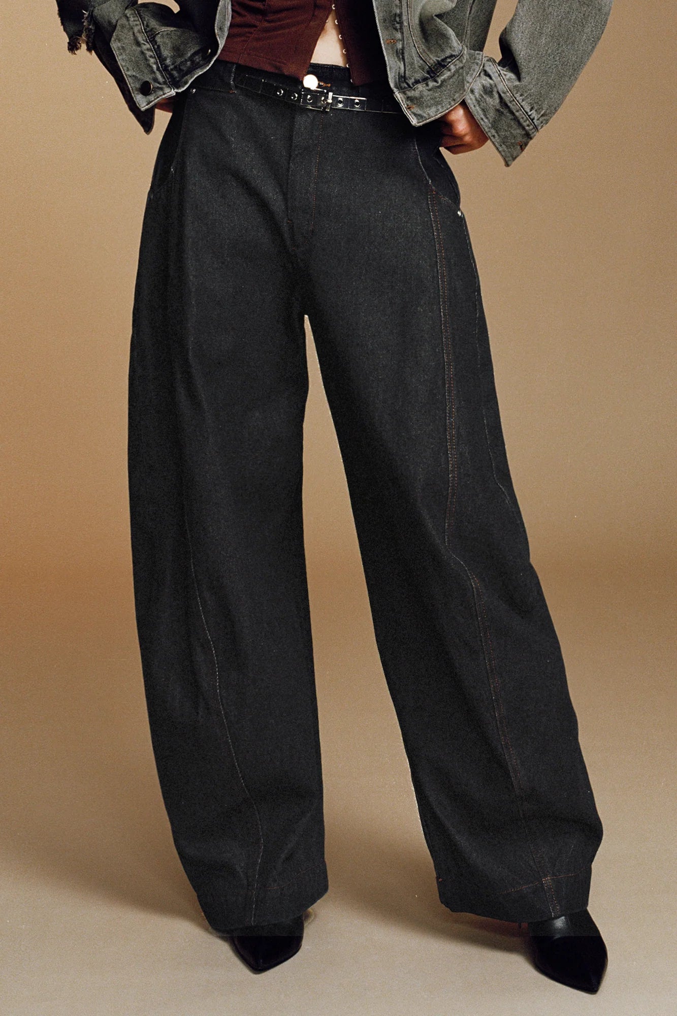 OPICLOTH Curved Panel Oversized Raw Jeans