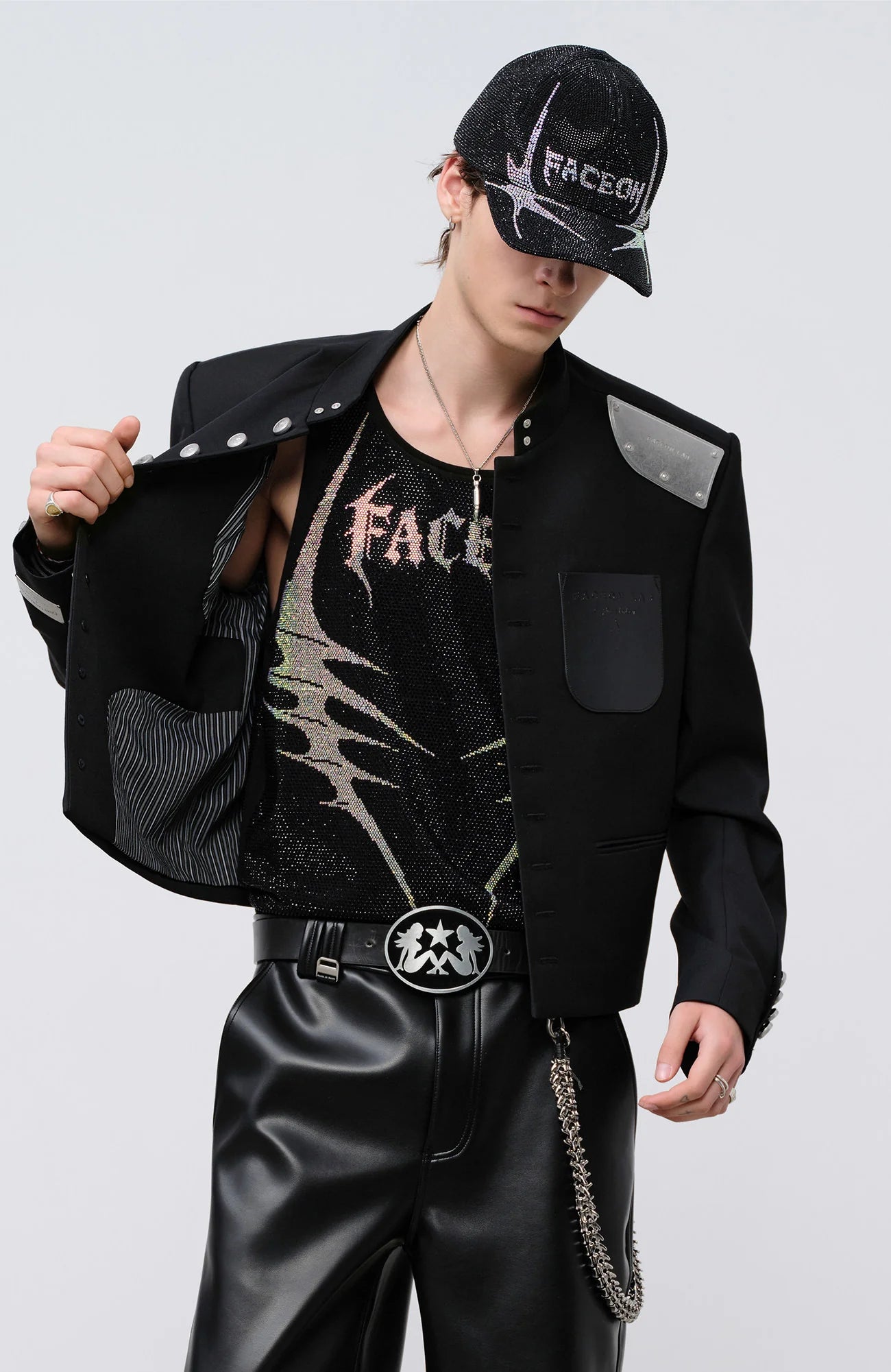FACEONLAB Stand-Collar Metal-Shoulder Blazer Black