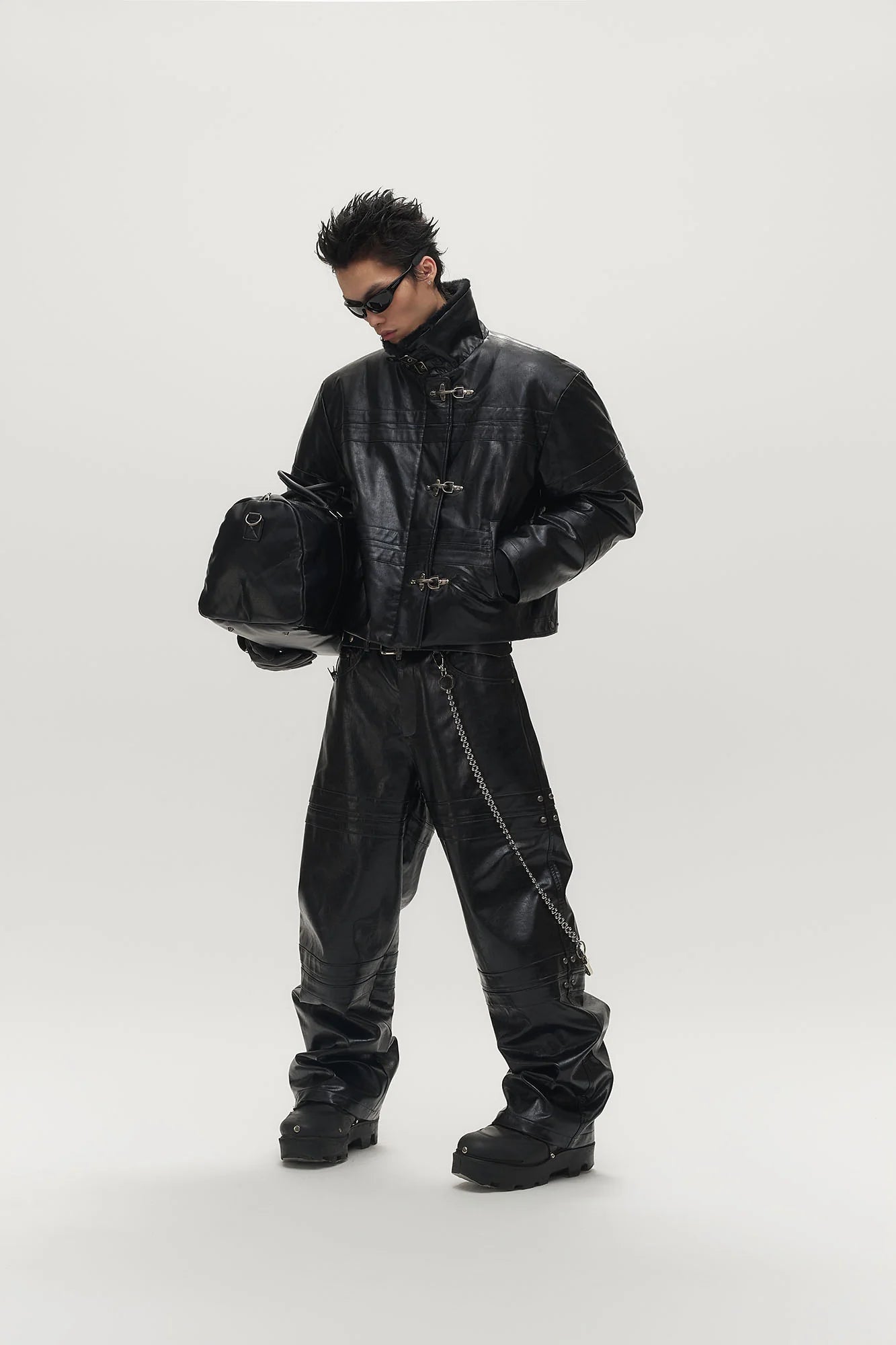 SAVAGEGROWTHWORLD Faux Leather Panel Rivet Pants