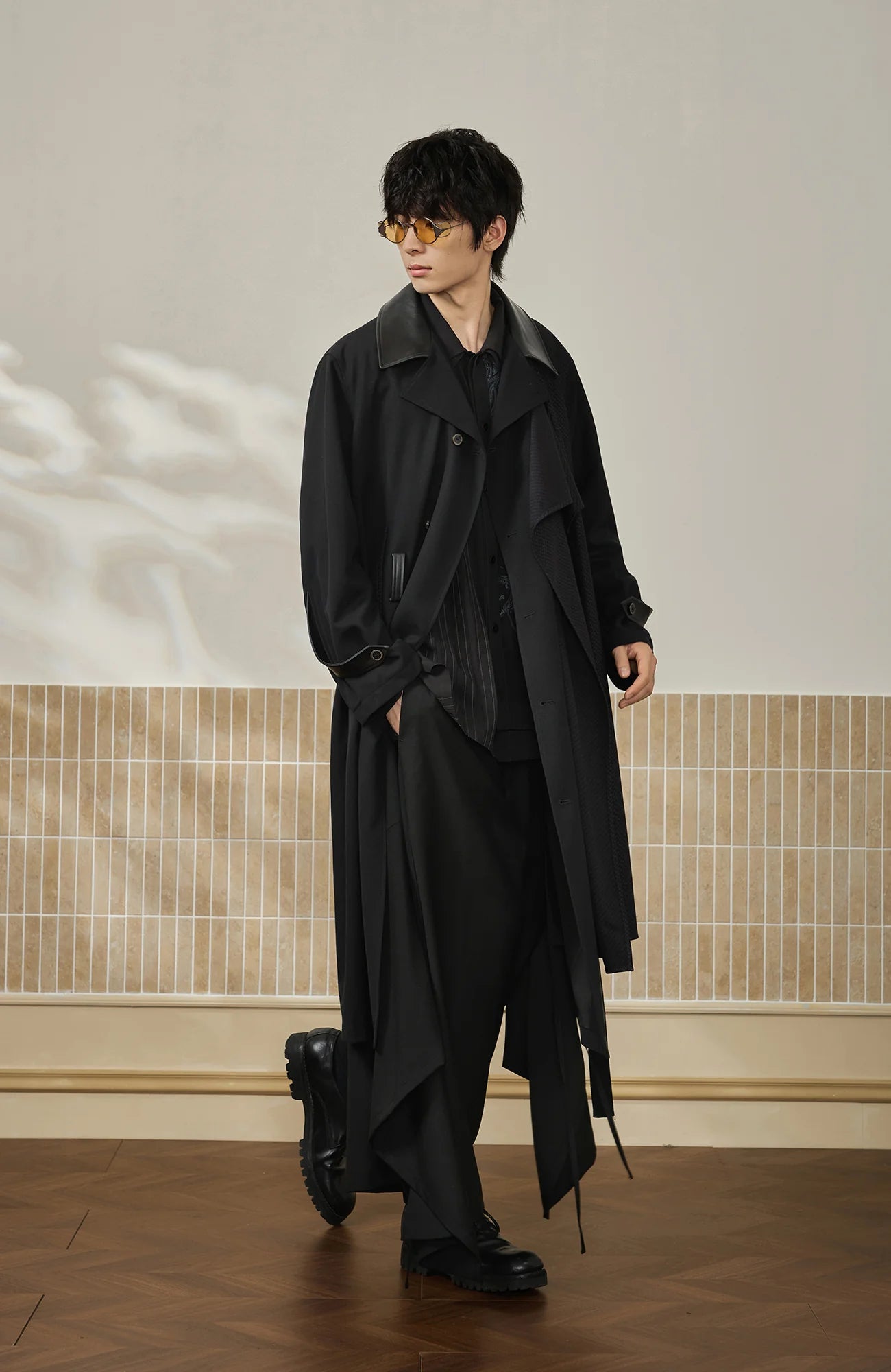 MOITIEDEPETALE Leather Paneled Belted Oversized Trench