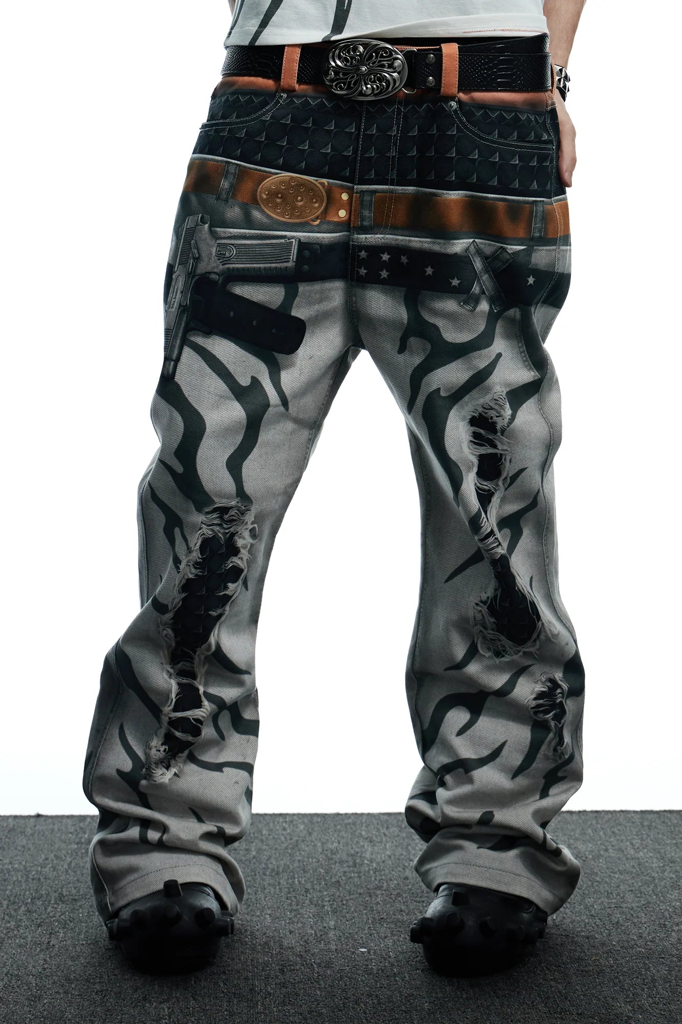 DND4DES Distressed Print Double-Waist Flare Jeans White