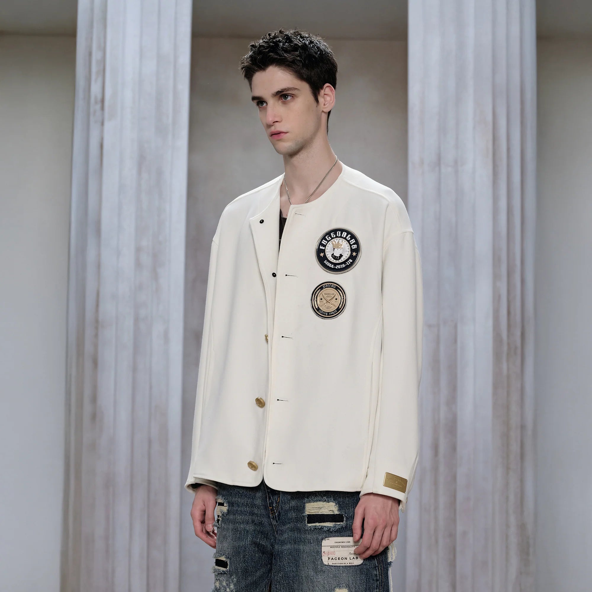 FACEONLAB Badge-Patch Crew-Neck Oversized Jacket