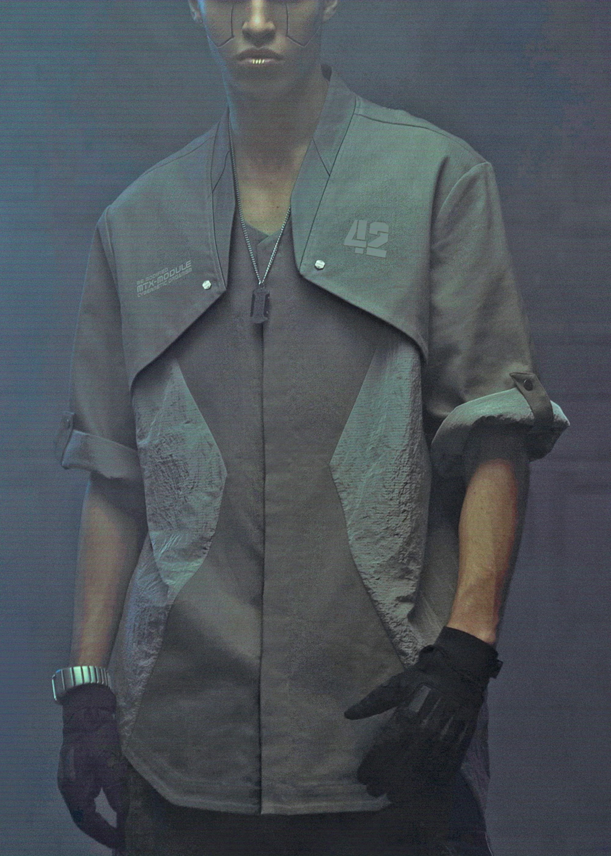 XIPHEVIL Terminal Modern Layered Rivet Half Shirt Light Grey