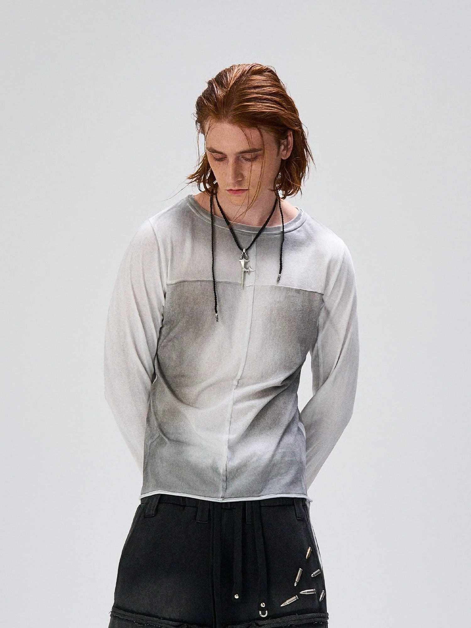 FLYERRER Washed Gradient Cross-Panel Raw-Edge Long-Sleeve Tee
