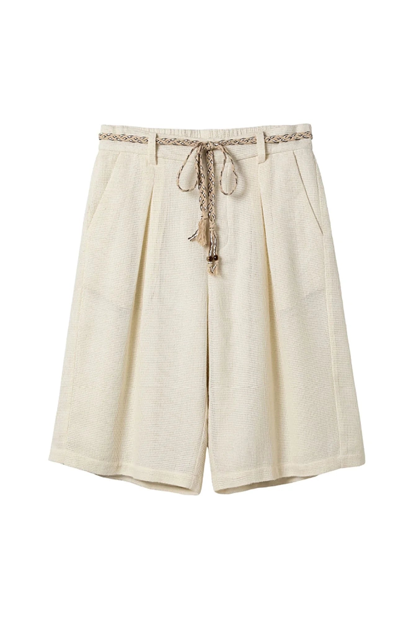 ALVNG AR ANTS Textured Mesh Pleated Braided Tassel Belt Shorts