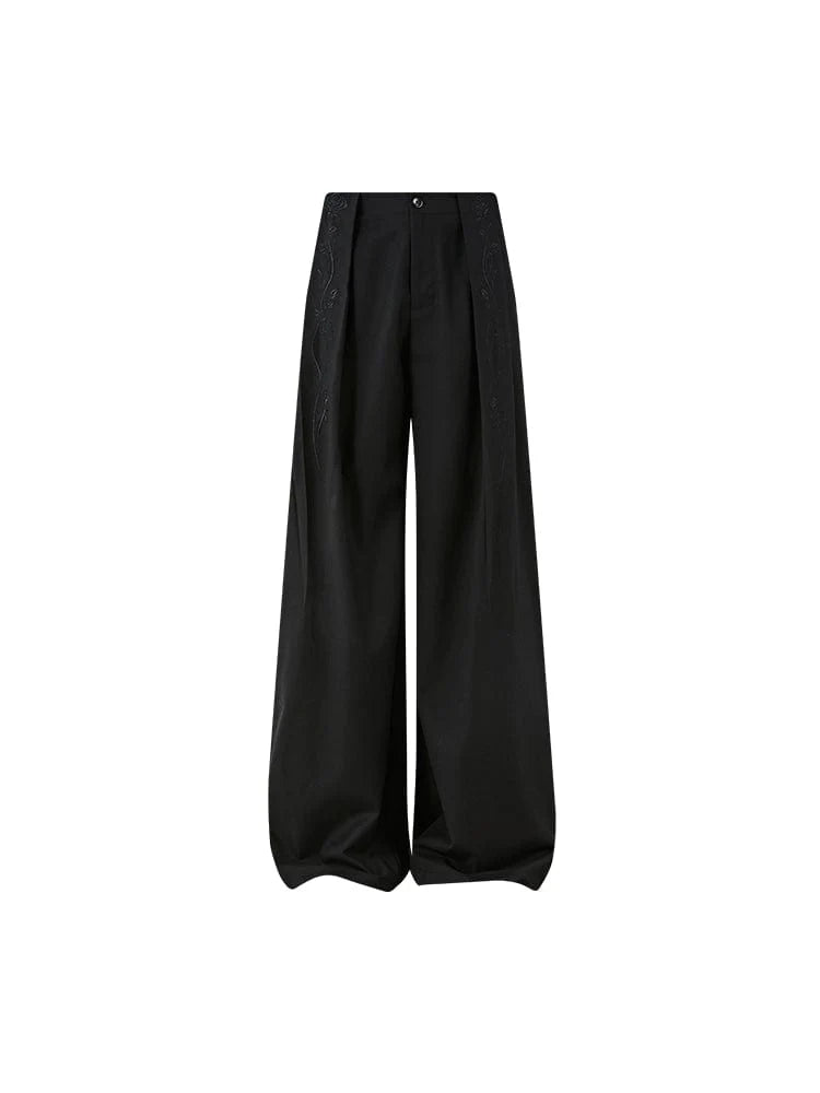 KREATE Rose Embroidered Pleated Straight-Leg Trousers