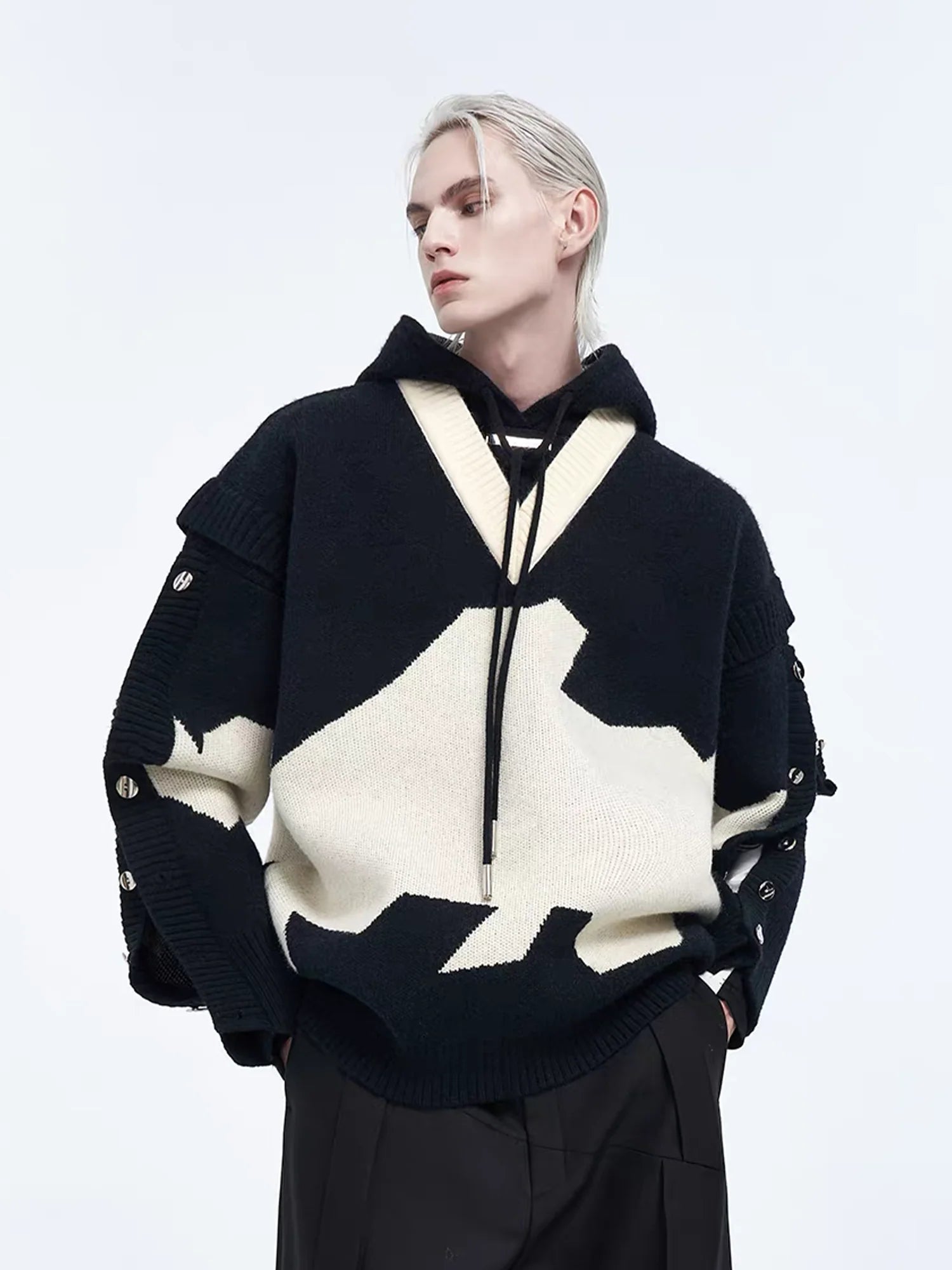 TIWILLTANG Contrast Layered Snap-Sleeves Knit Hoodie