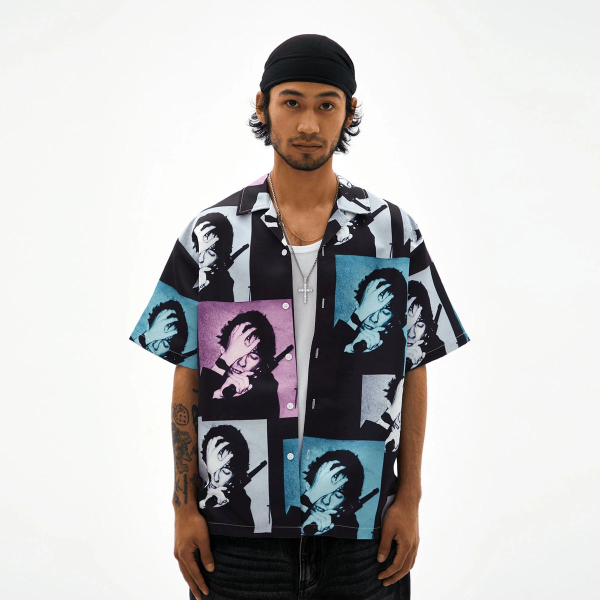 TECNINEGROUP Pop Art Portrait Graphic Cuban Half Shirt