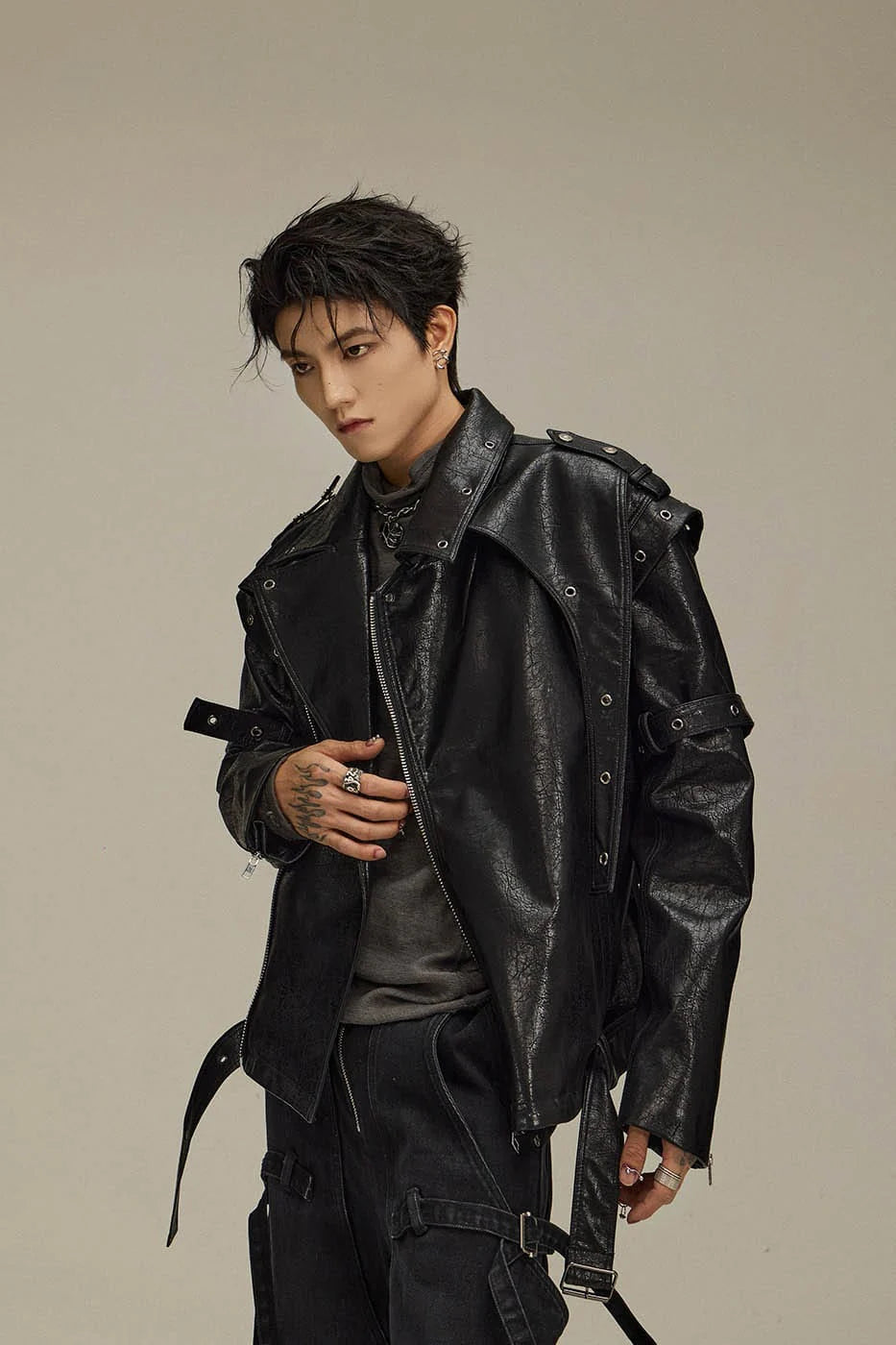 FLYERRER Asymmetrical Hoop-Hole Faux Leather Jacket