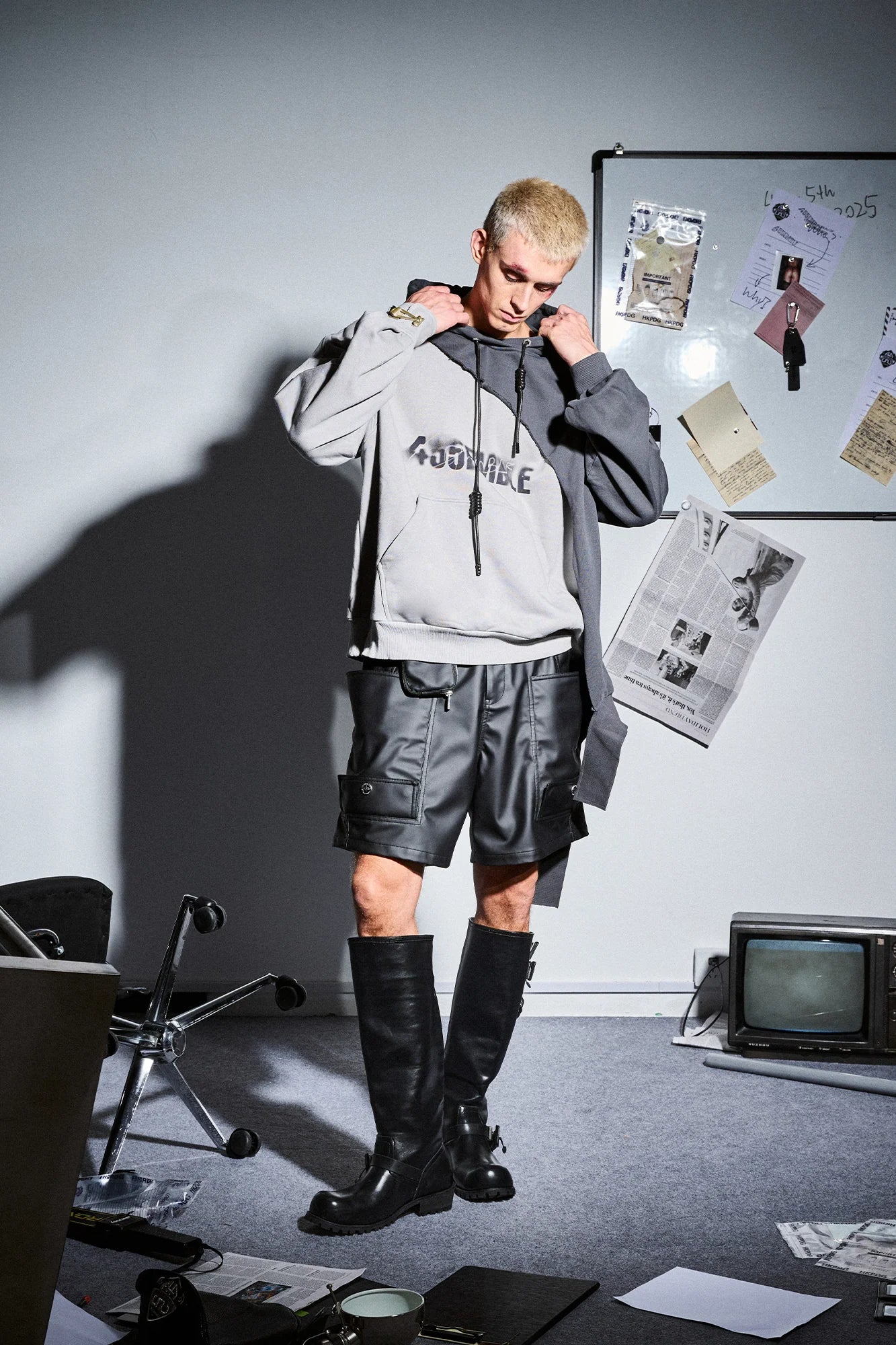 455EMBLE Distressed Spliced Contrast Hoodie
