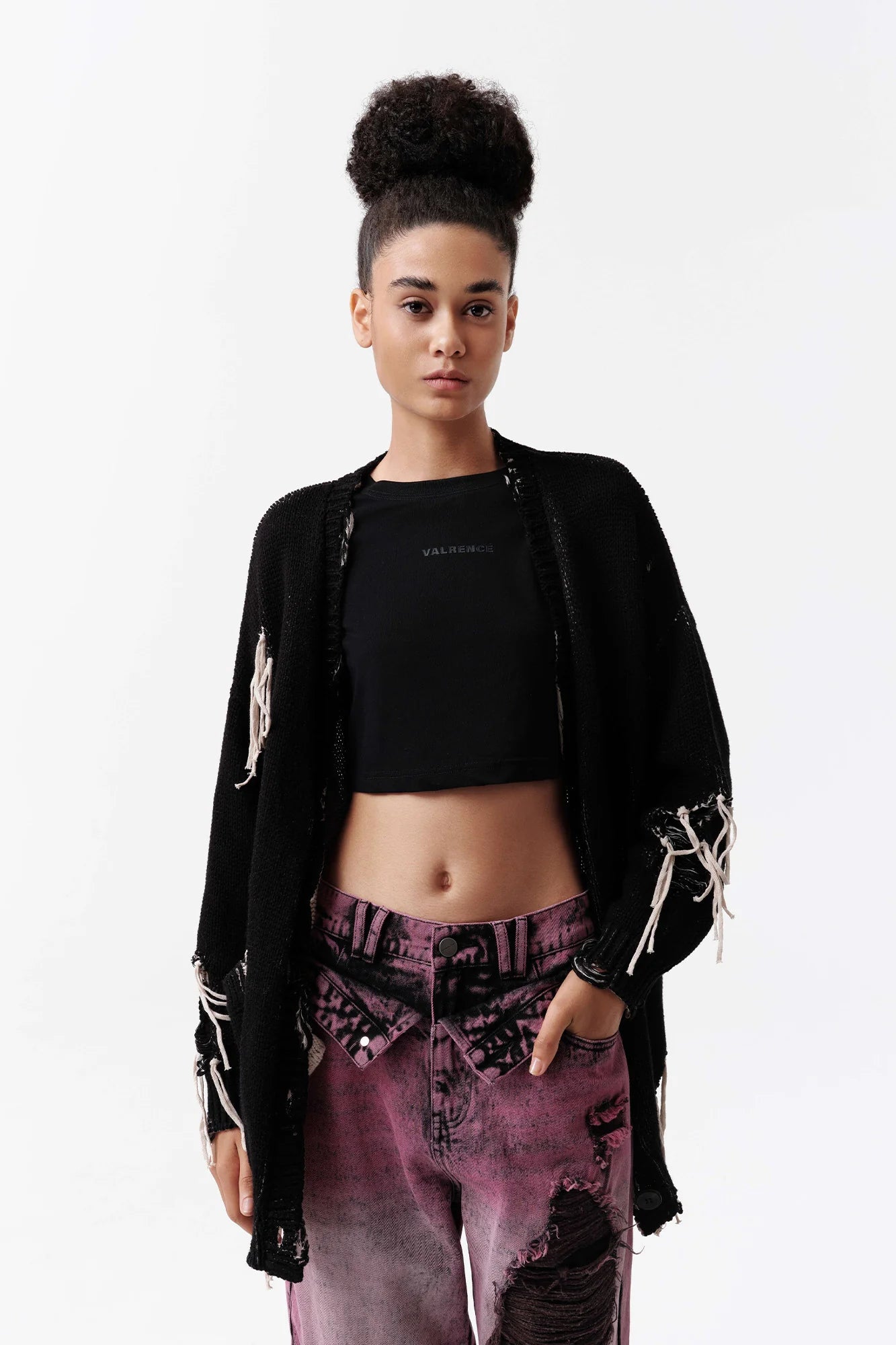 VANN VALRENCE Distressed Frayed Spray V-Neck Cardigan