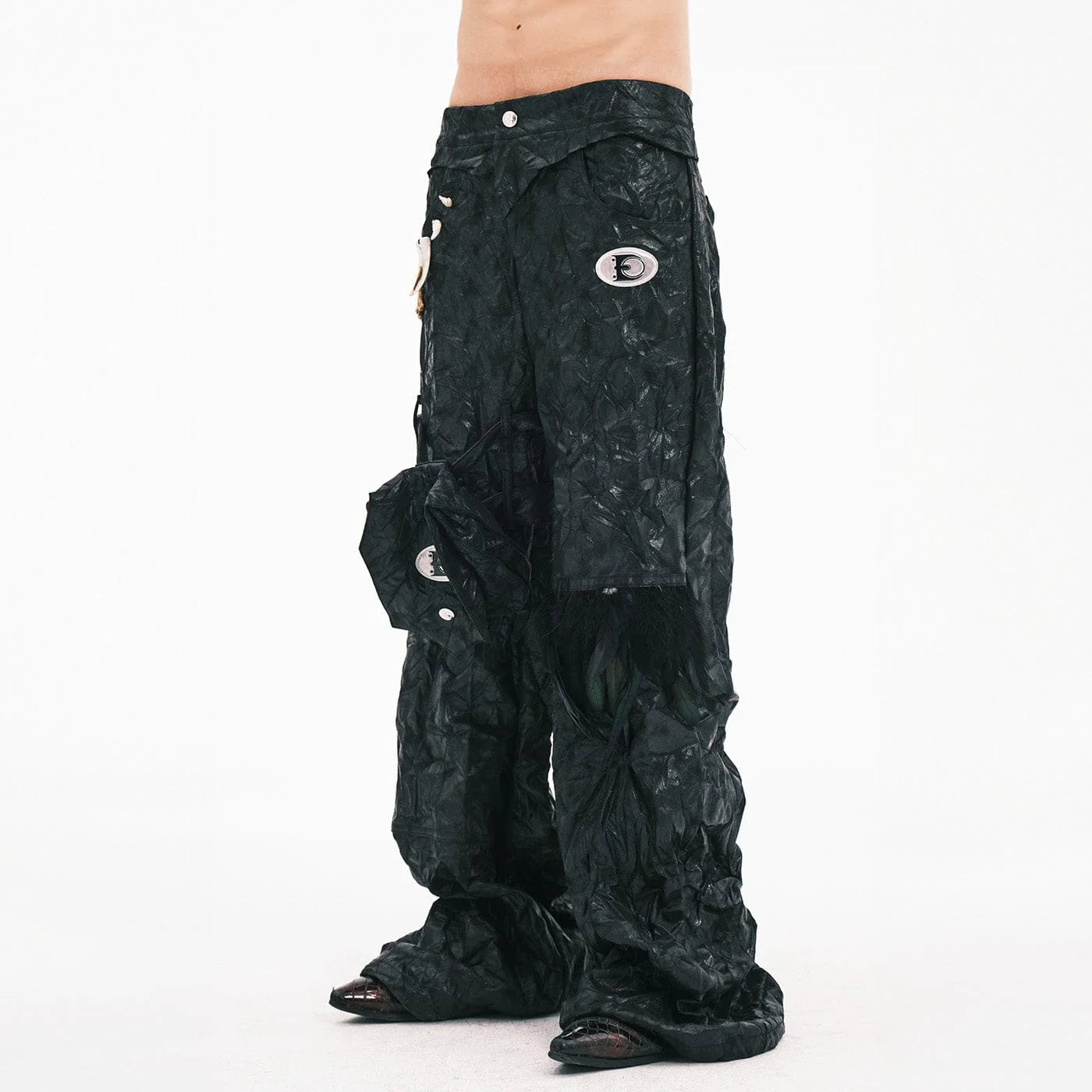 EMBRYO Deconstructed Faux Leather Bone Wrinkled Wide-Leg Pants