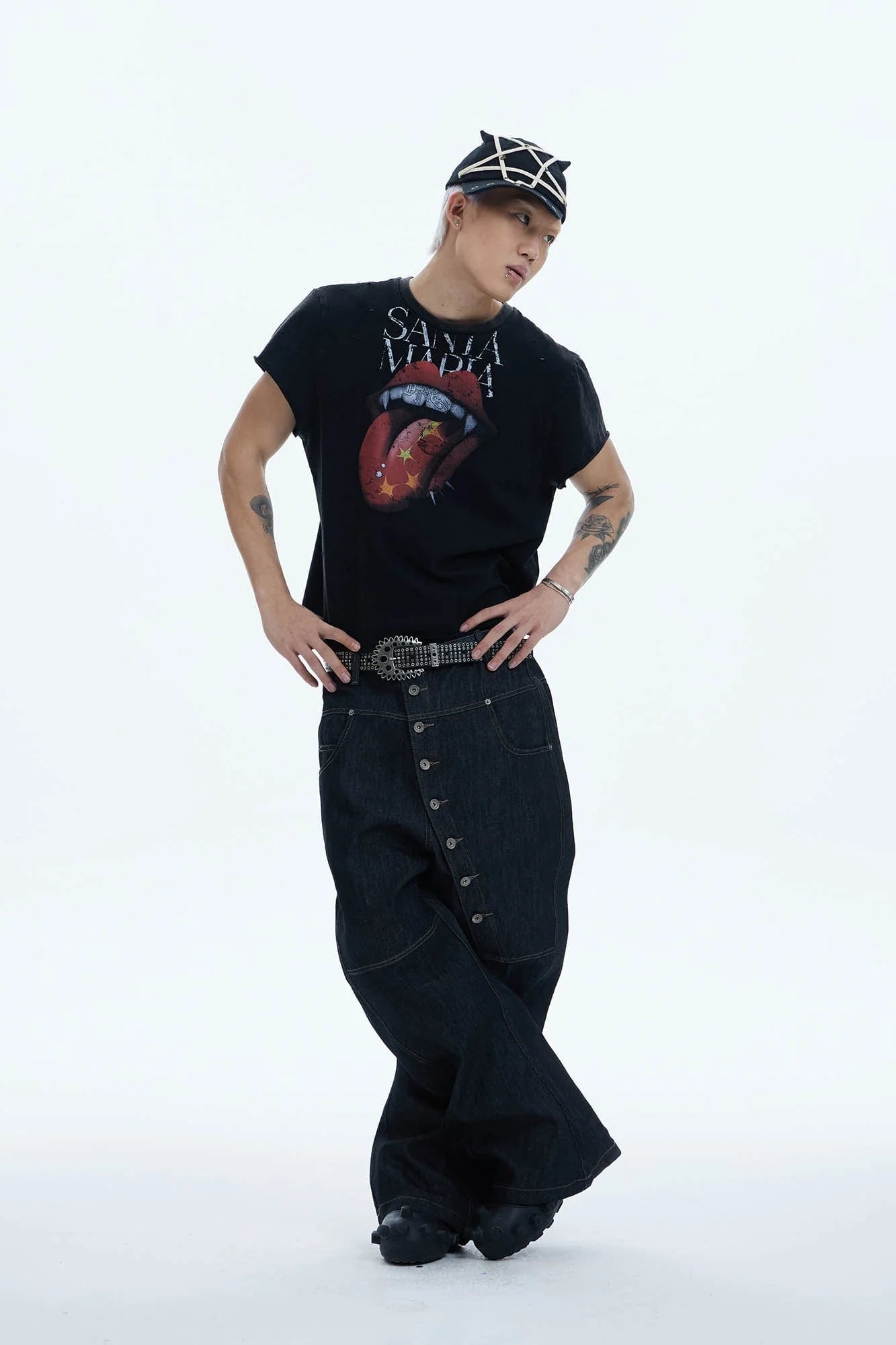 DND4DES Asymmetric Button-Fly Spliced Baggy Jeans