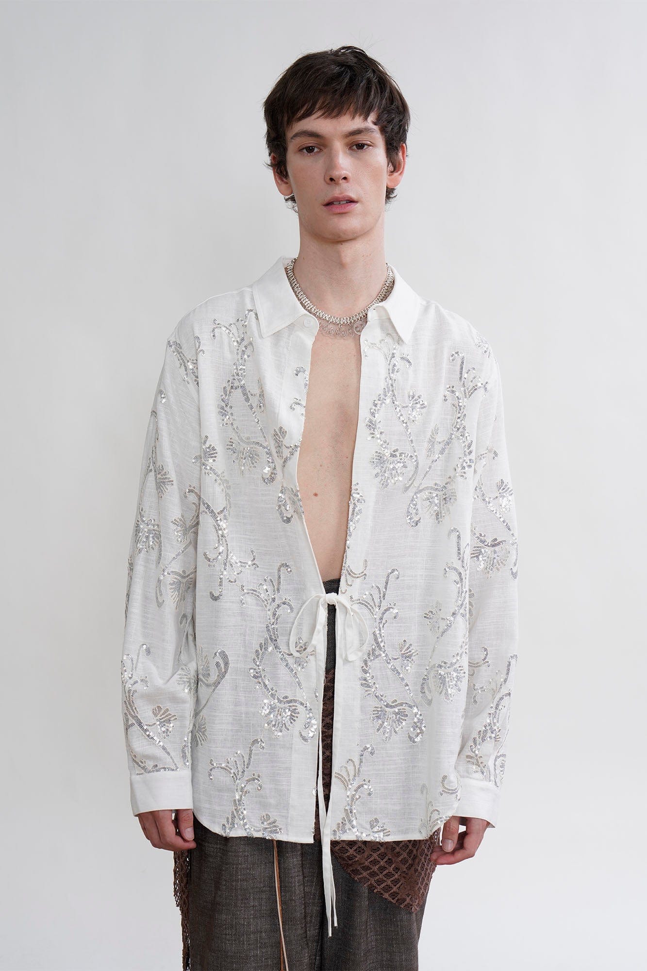 ORAL UTOPIA Ornate Sequin Embroidered Linen-Blended Tie Shirt