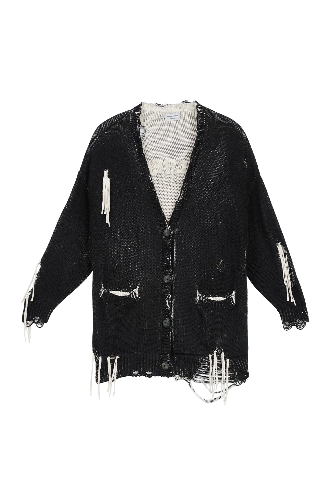 VANN VALRENCE Distressed Frayed Spray V-Neck Cardigan