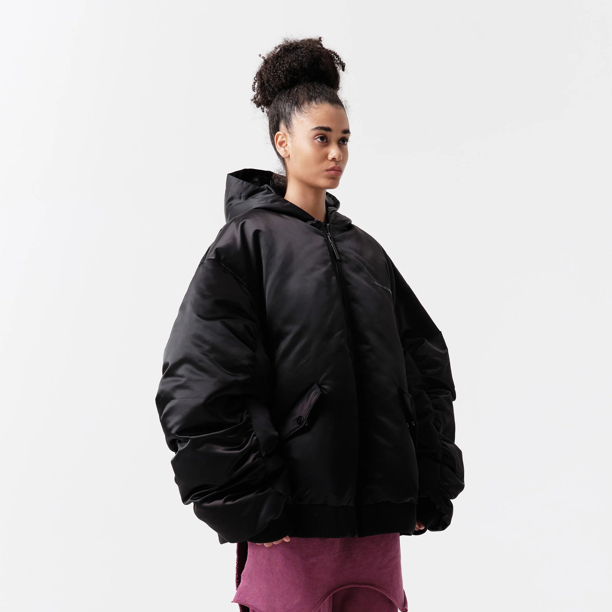 VANN VALRENCE Ruched Sleeve Oversized Hooded Down Jacket