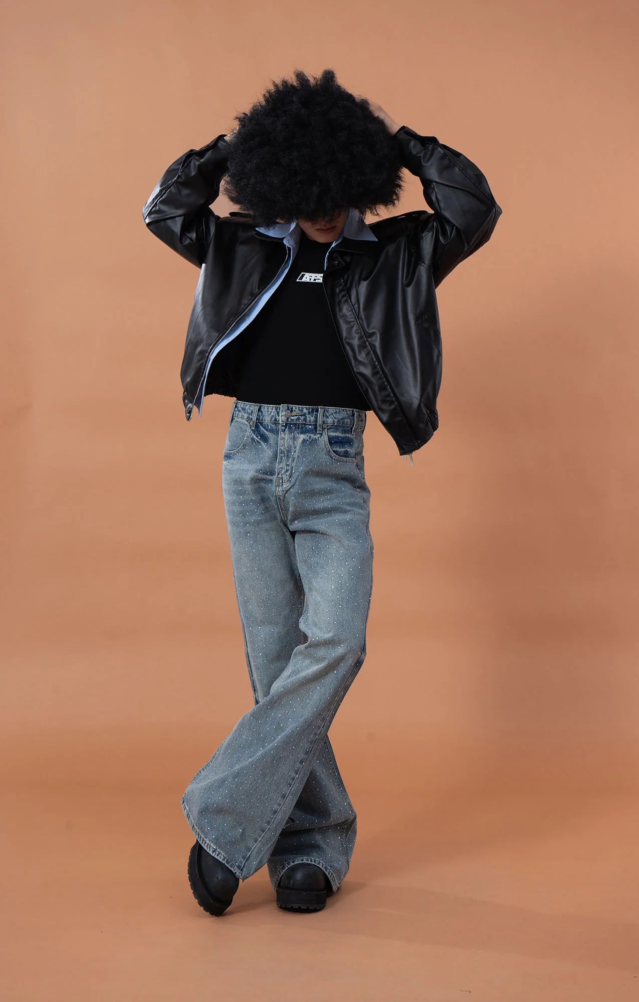 CLP Contrast Layer PU Cropped Moto Jacket