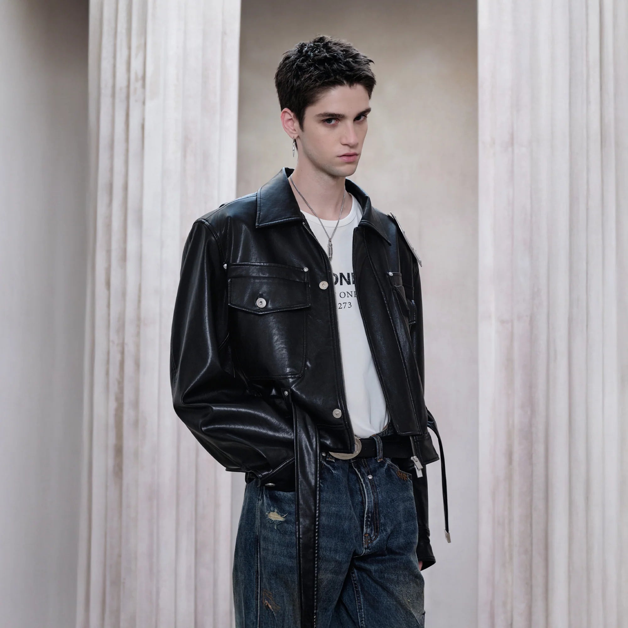 FACEONLAB Metal Epaulettes Belted Faux Leather Jacket Black