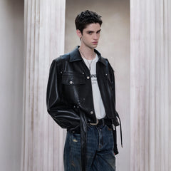 FACEONLAB Metal Epaulettes Belted Faux Leather Jacket Black