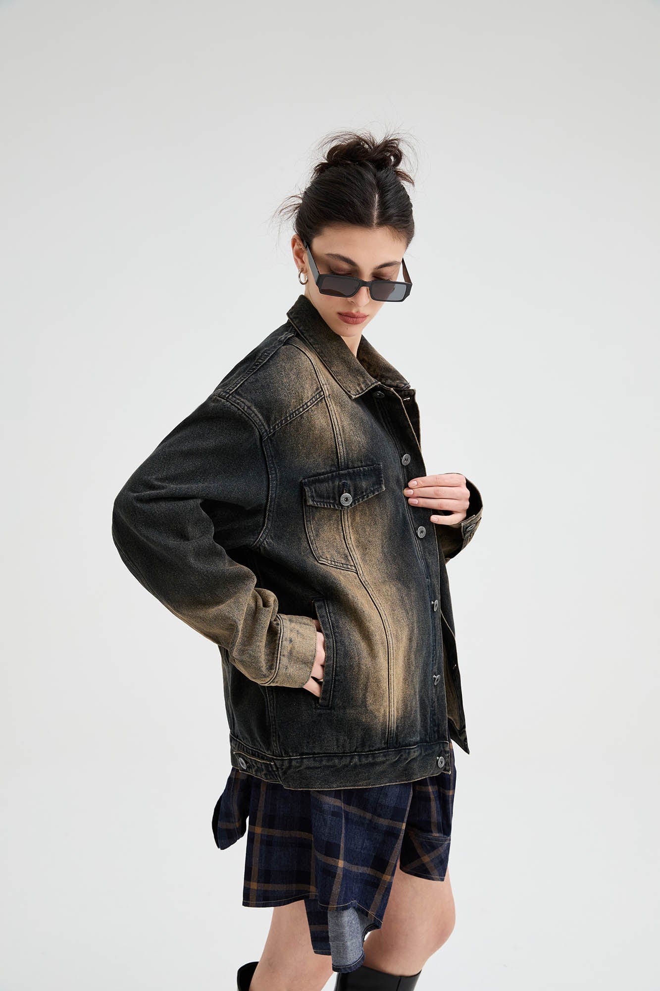 ORGANIC EMOTION Faded Spliced Pocket Denim Jacket