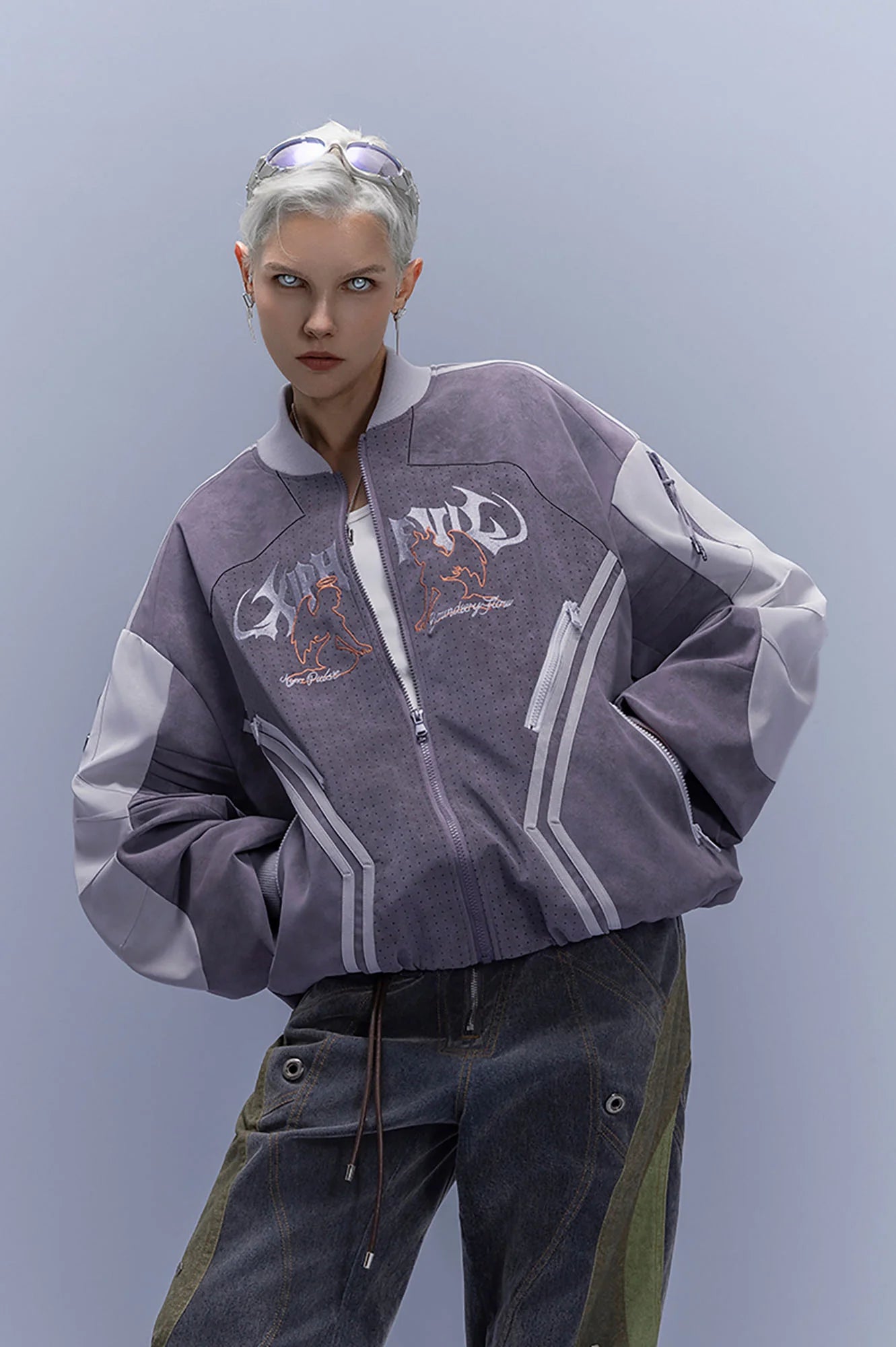 XIPHEVIL Faux Suede Embroidered LOGO Bomber Purple