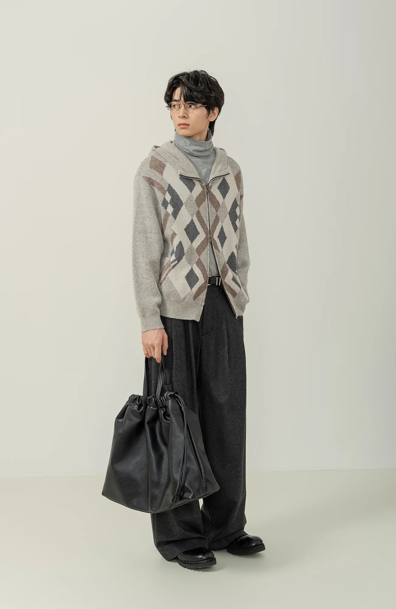 MOITIEDEPETALE Argyle Dual Zip Hooded Cardigan