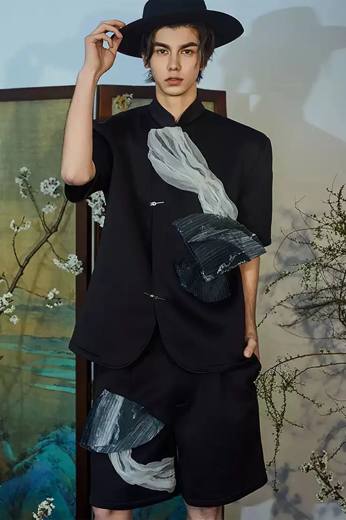 JIECHI Crinkled Tulle Layered Mandarin Collar Half Shirt