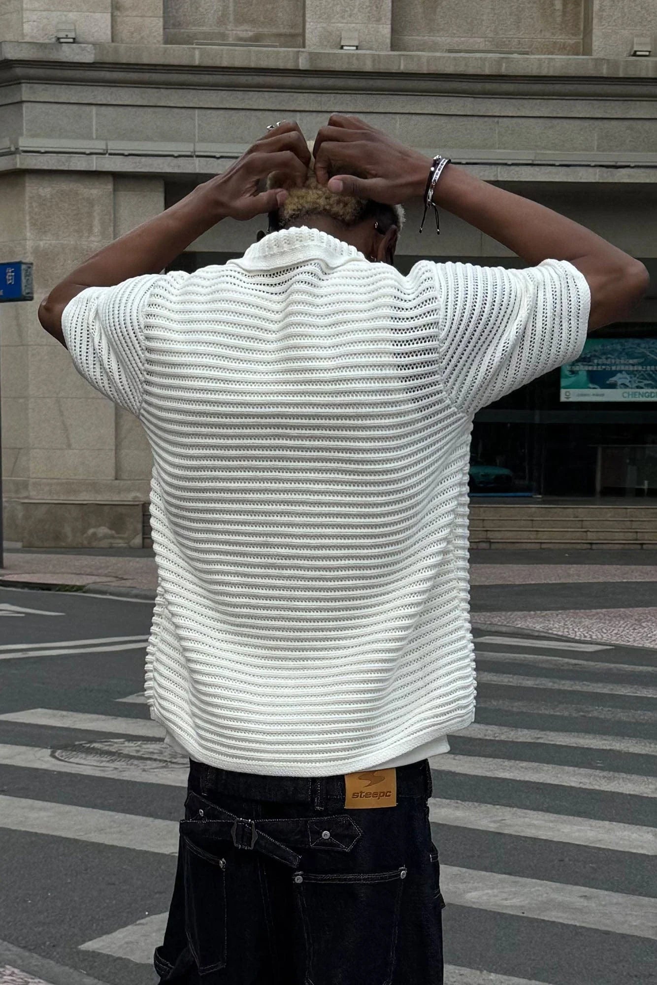 STEEPC Hollow-Out Knit Polo Half Shirt