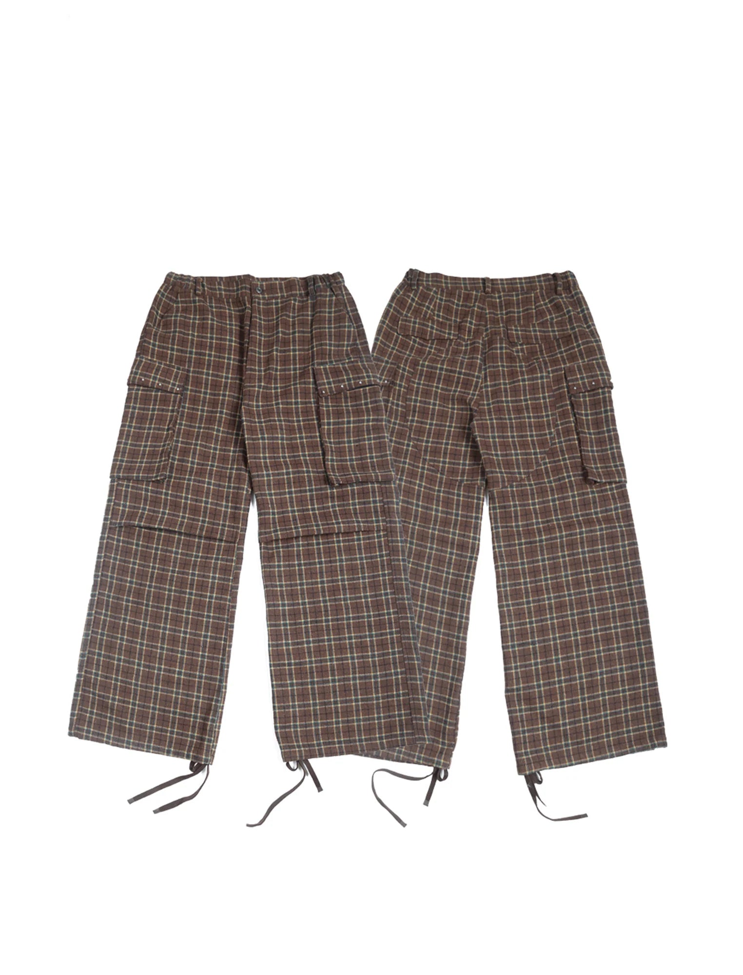 TRECLUB Plaid Pleated-Knee Wide-Leg Cargo Pants