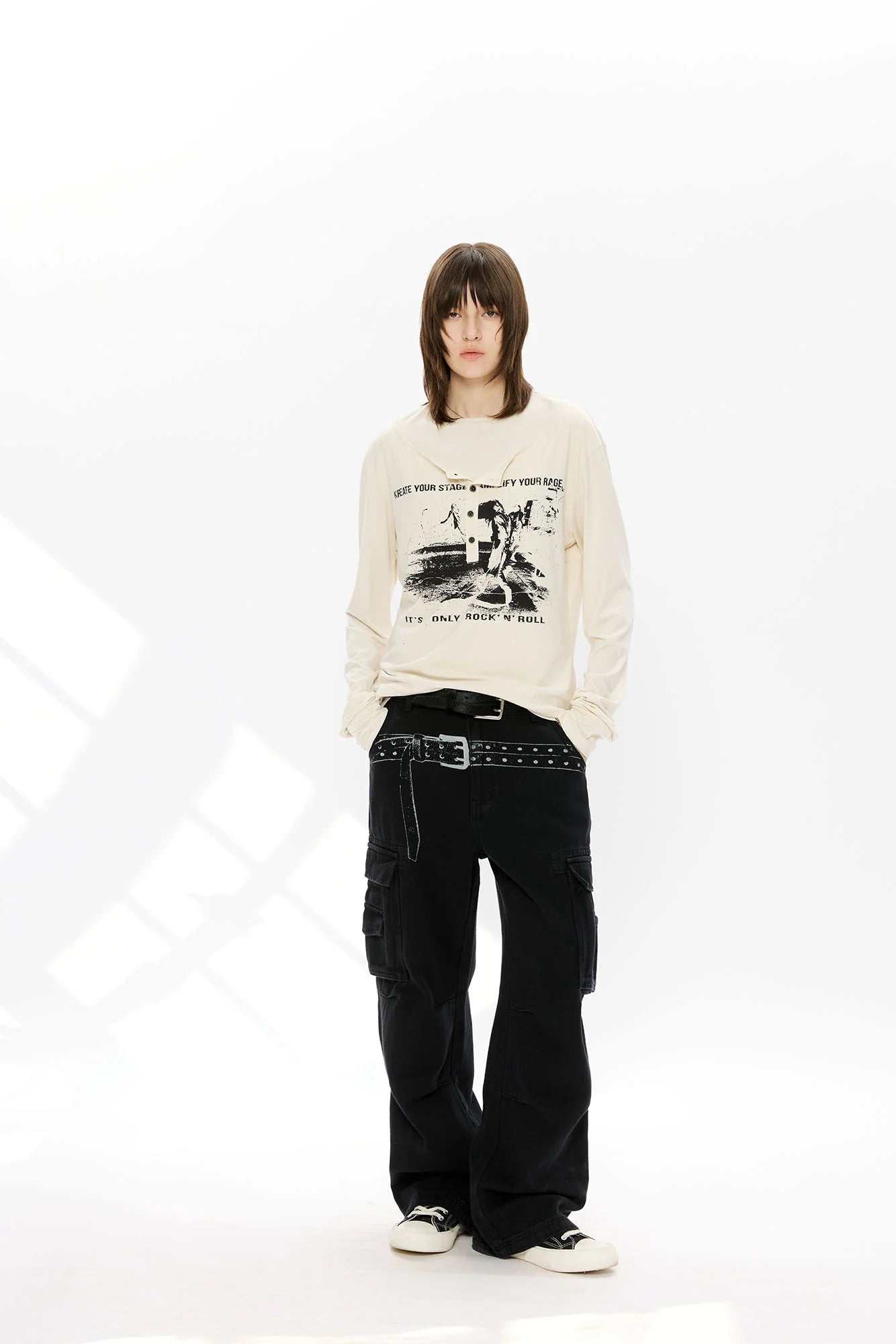 KREATE Washed Belt Graphic Crinkled Cargo Pants