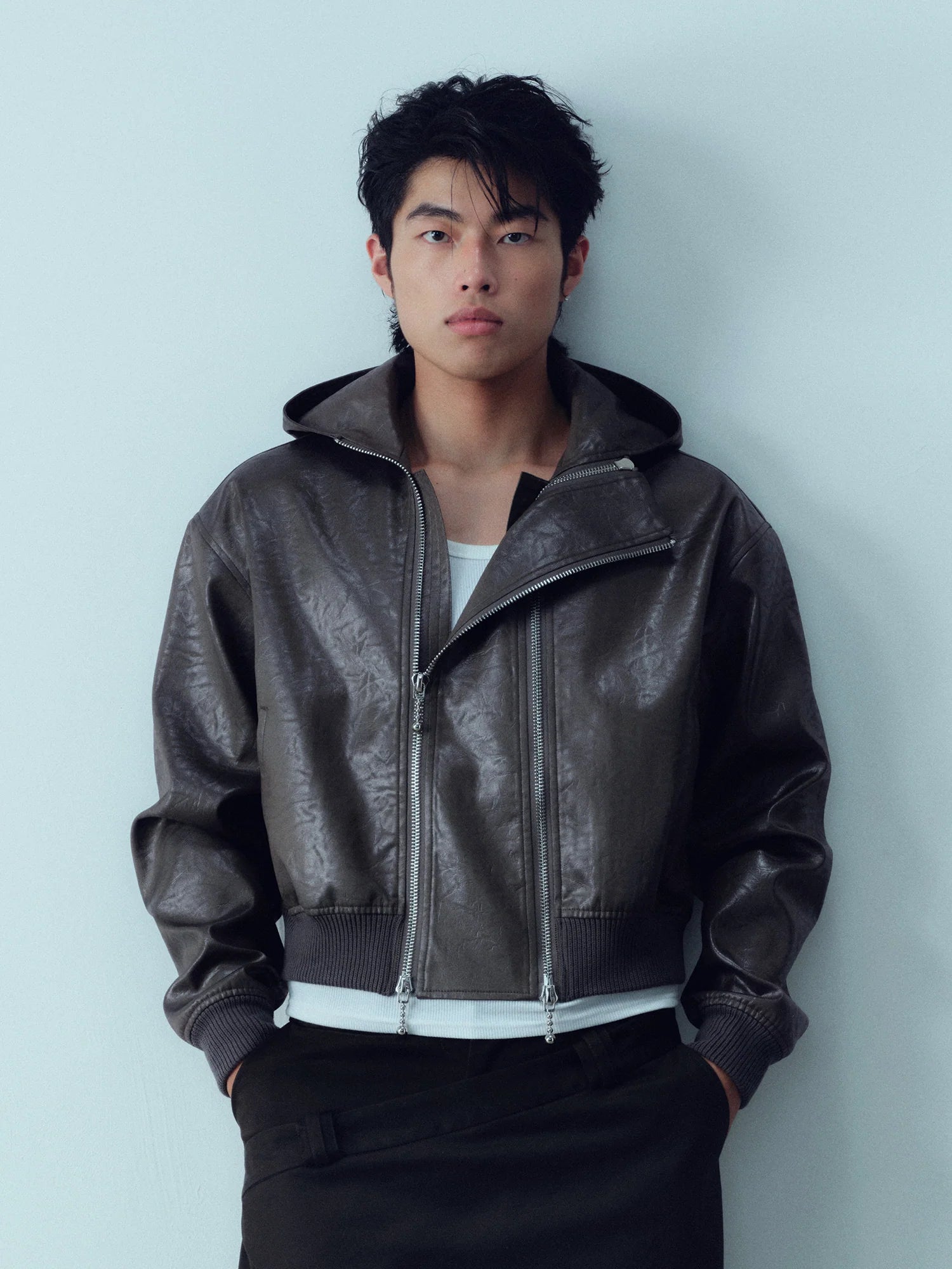 KADAKADA Faux Leather Dual-Zipper Hooded Jacket