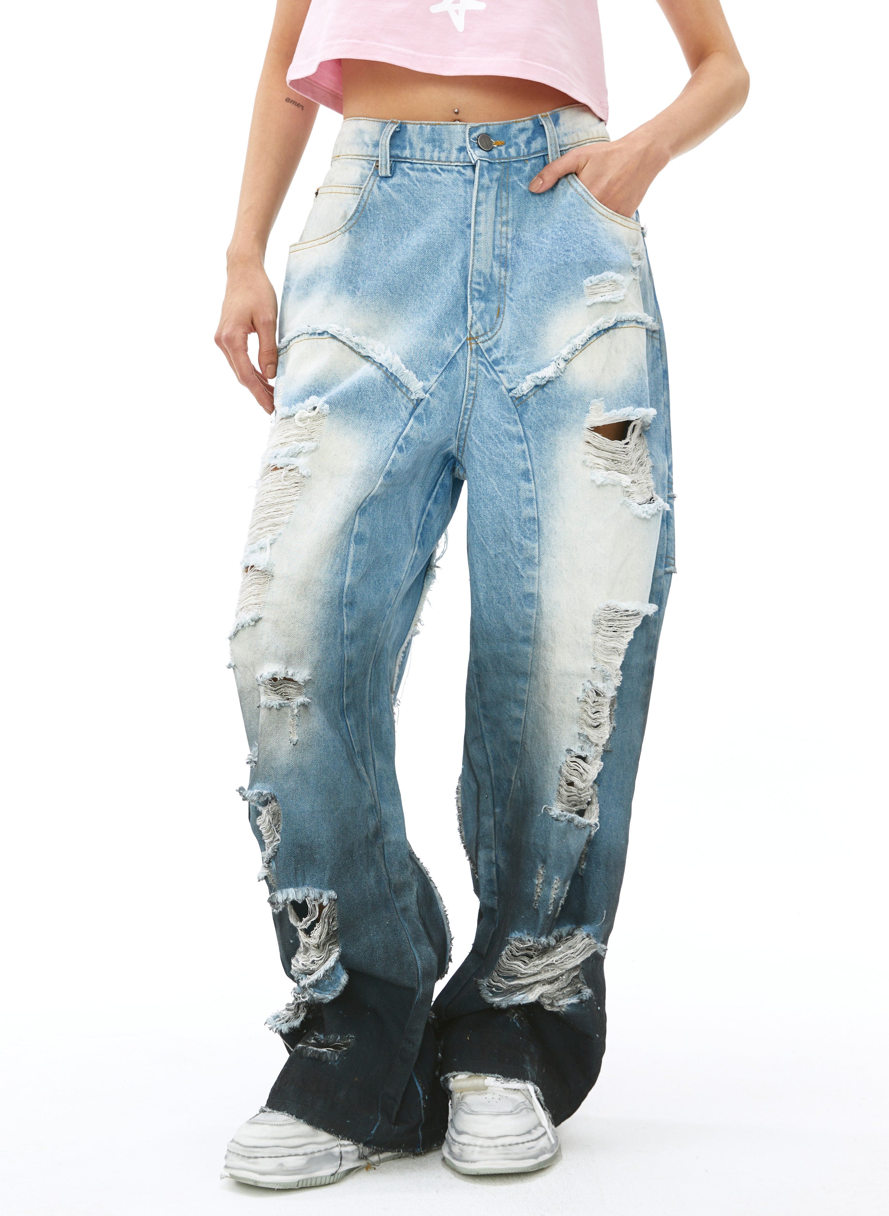 VANN VALRENCE Distressed Gradient Wash Structural Ripped Jeans