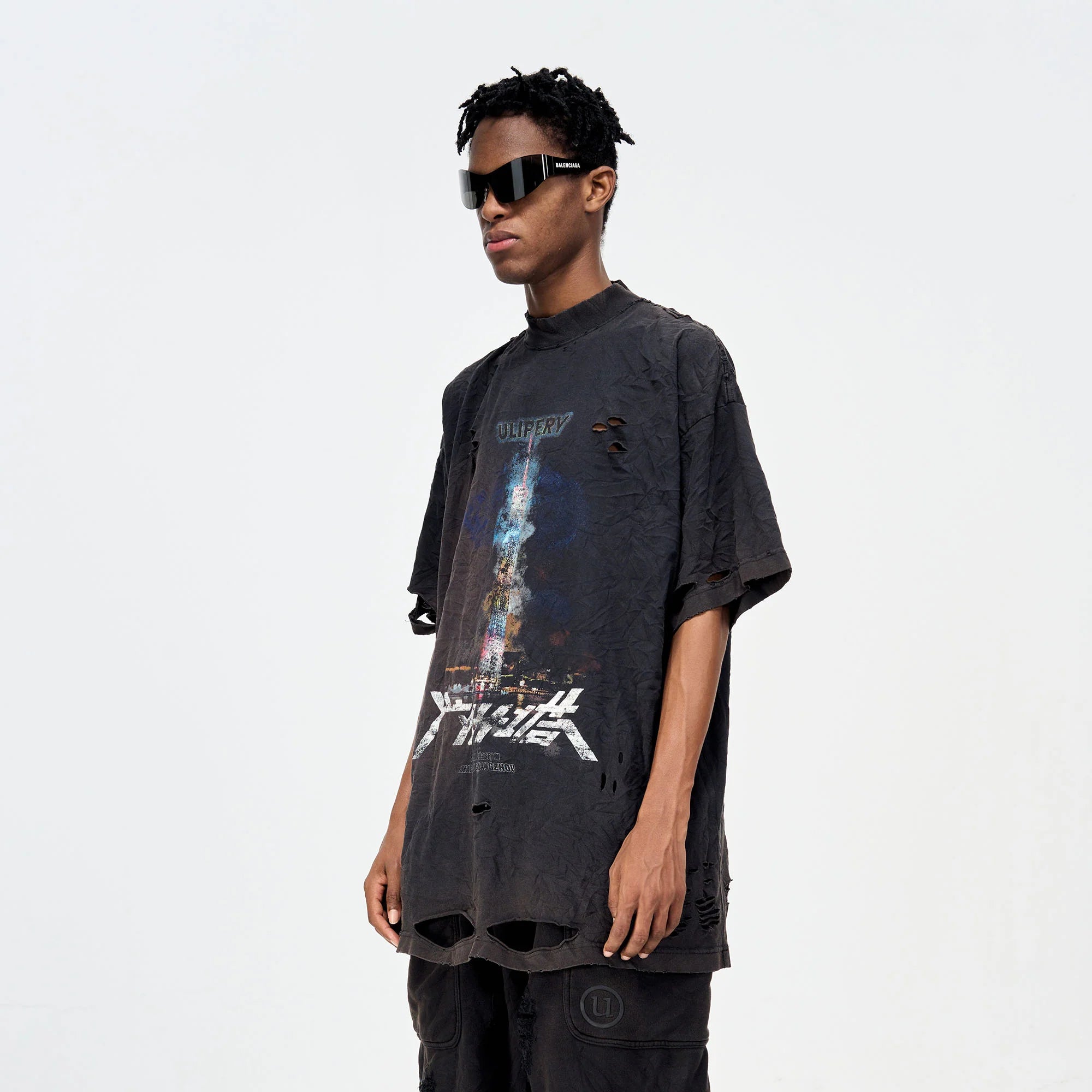 ULIPERY Distressed Glow Crinkled T-Shirt