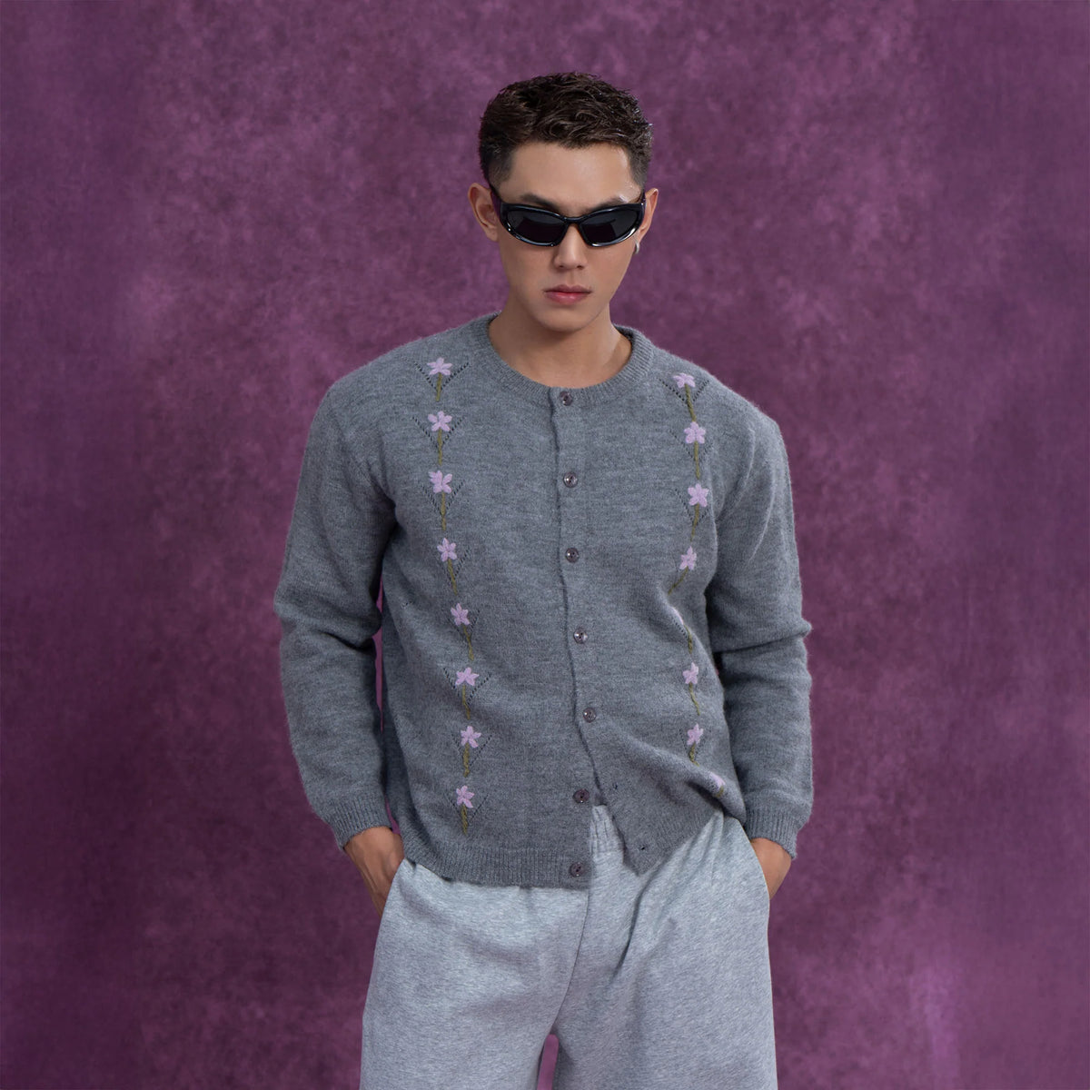 CLP Embroidered Floral Line Wool-Blend Cardigan