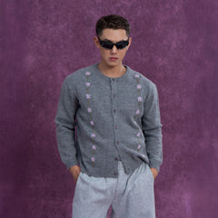 CLP Embroidered Floral Line Wool-Blend Cardigan